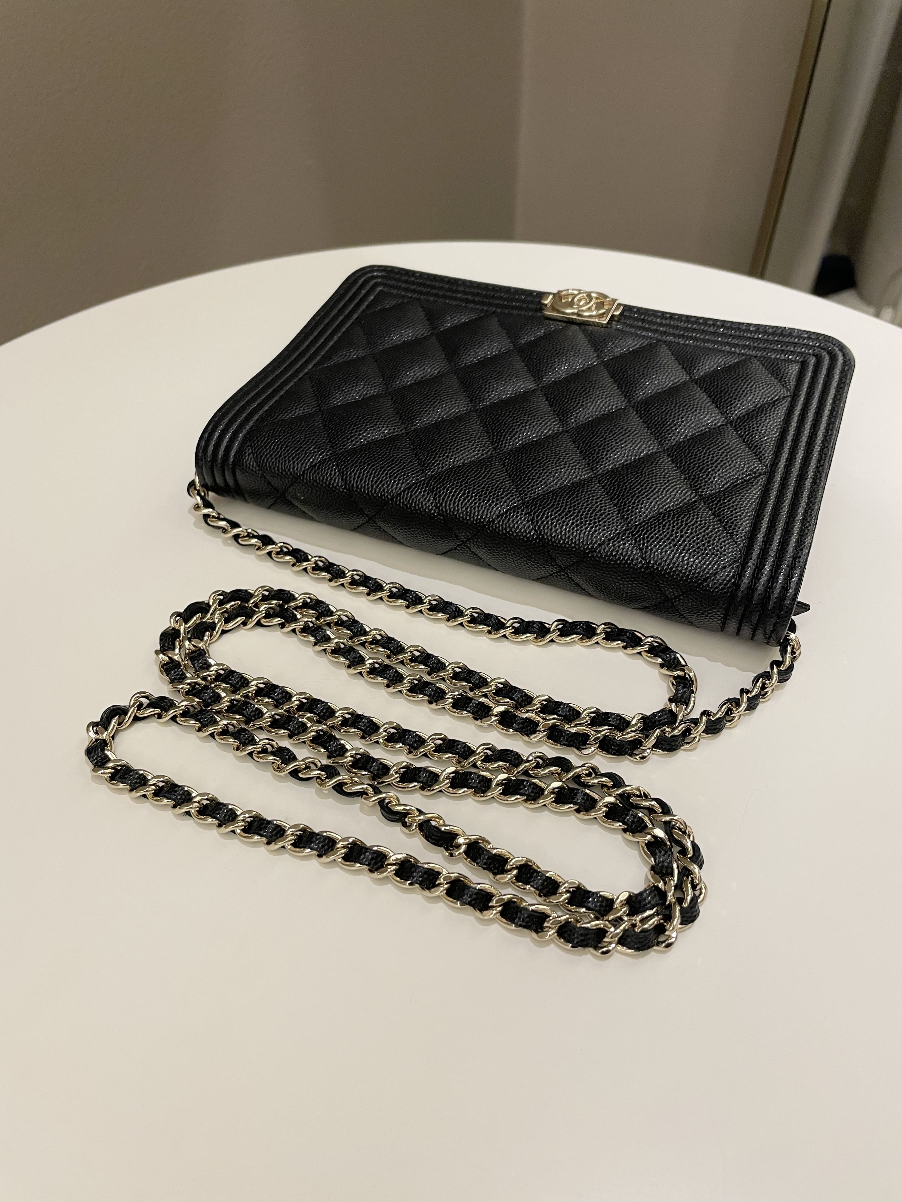 Chanel Quilted Boy Wallet On Chain Black Caviar