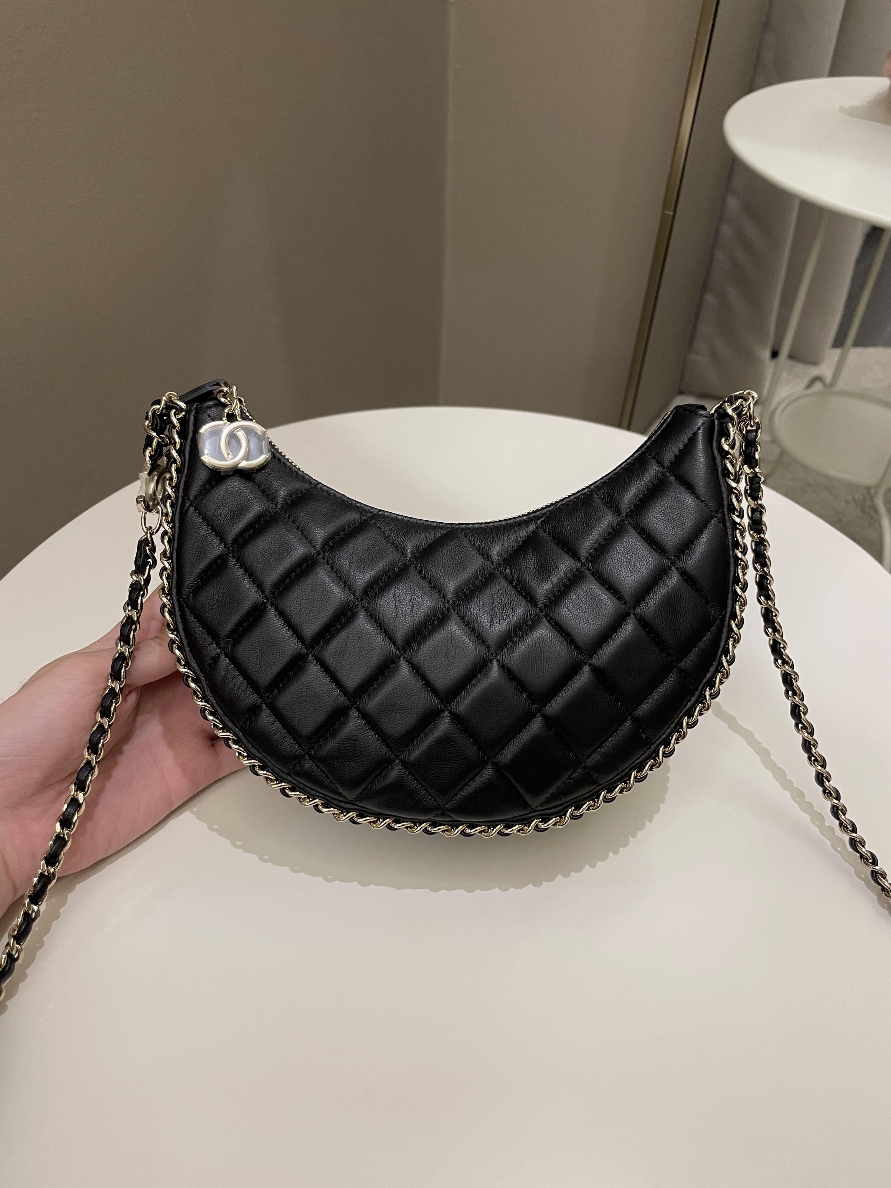 Chanel 23P Quilted Chain Around Hobo Bag Black Lambskin