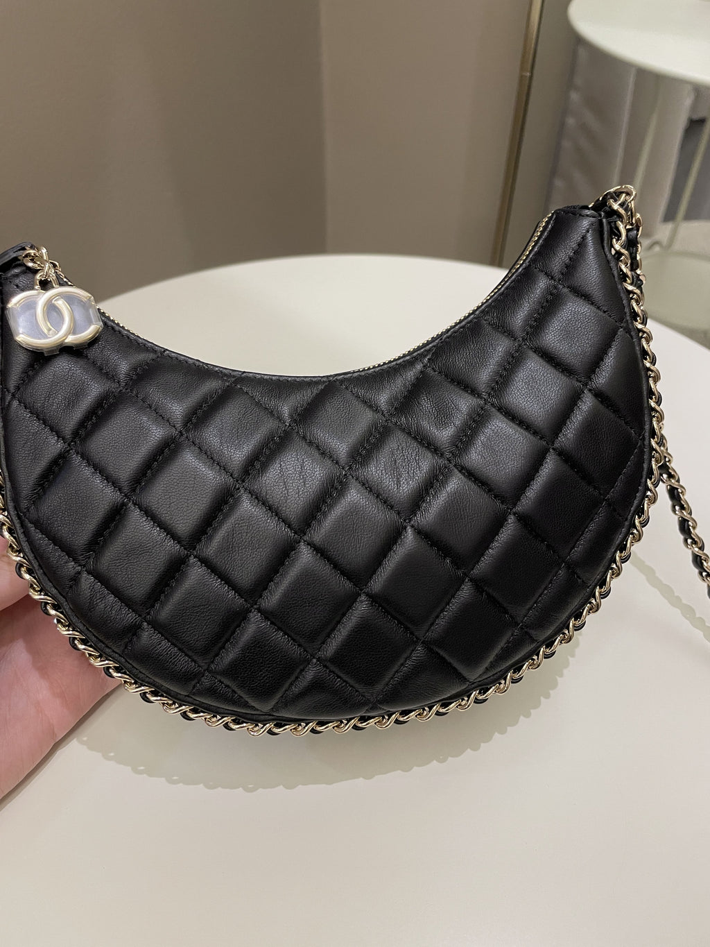 Chanel 23P Quilted Chain Around Hobo Bag Black Lambskin