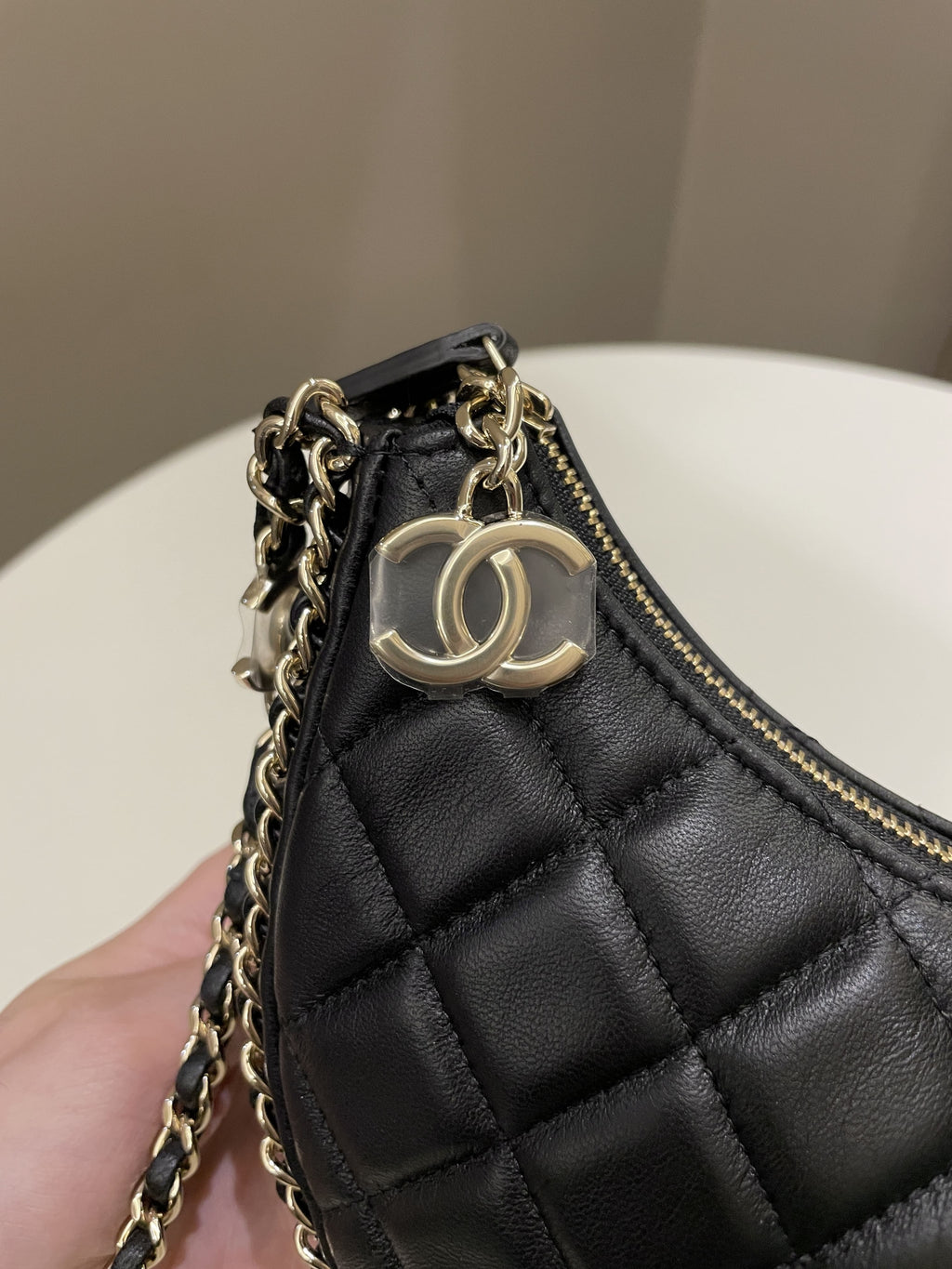 Chanel 23P Quilted Chain Around Hobo Bag Black Lambskin