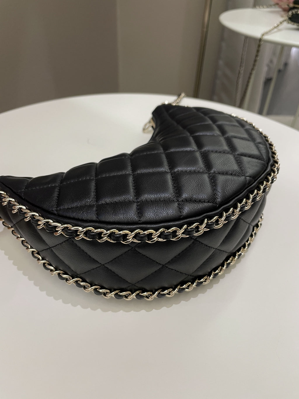 Chanel 23P Quilted Chain Around Hobo Bag Black Lambskin