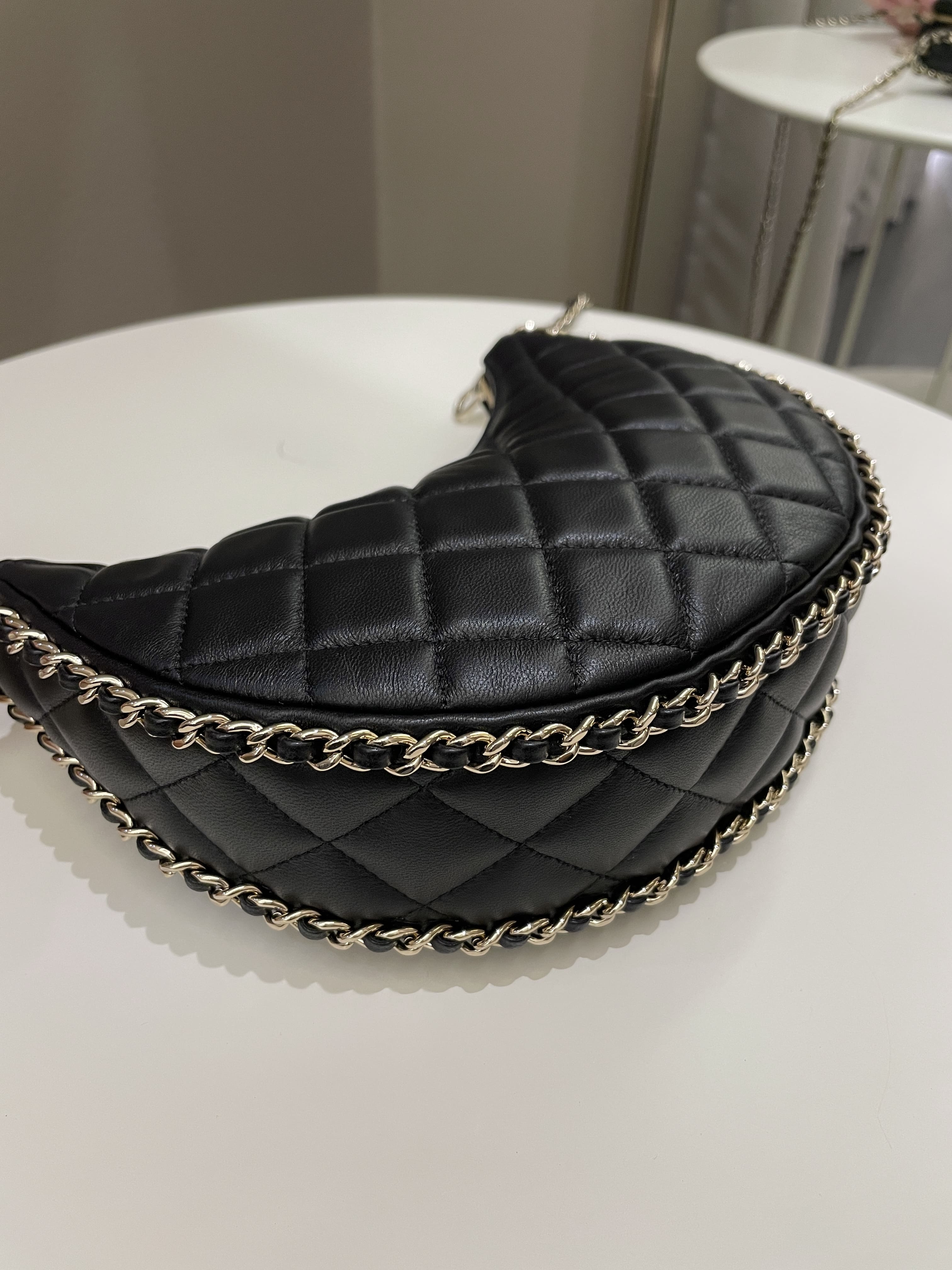 Chanel 23P Quilted Chain Around Hobo Bag Black Lambskin