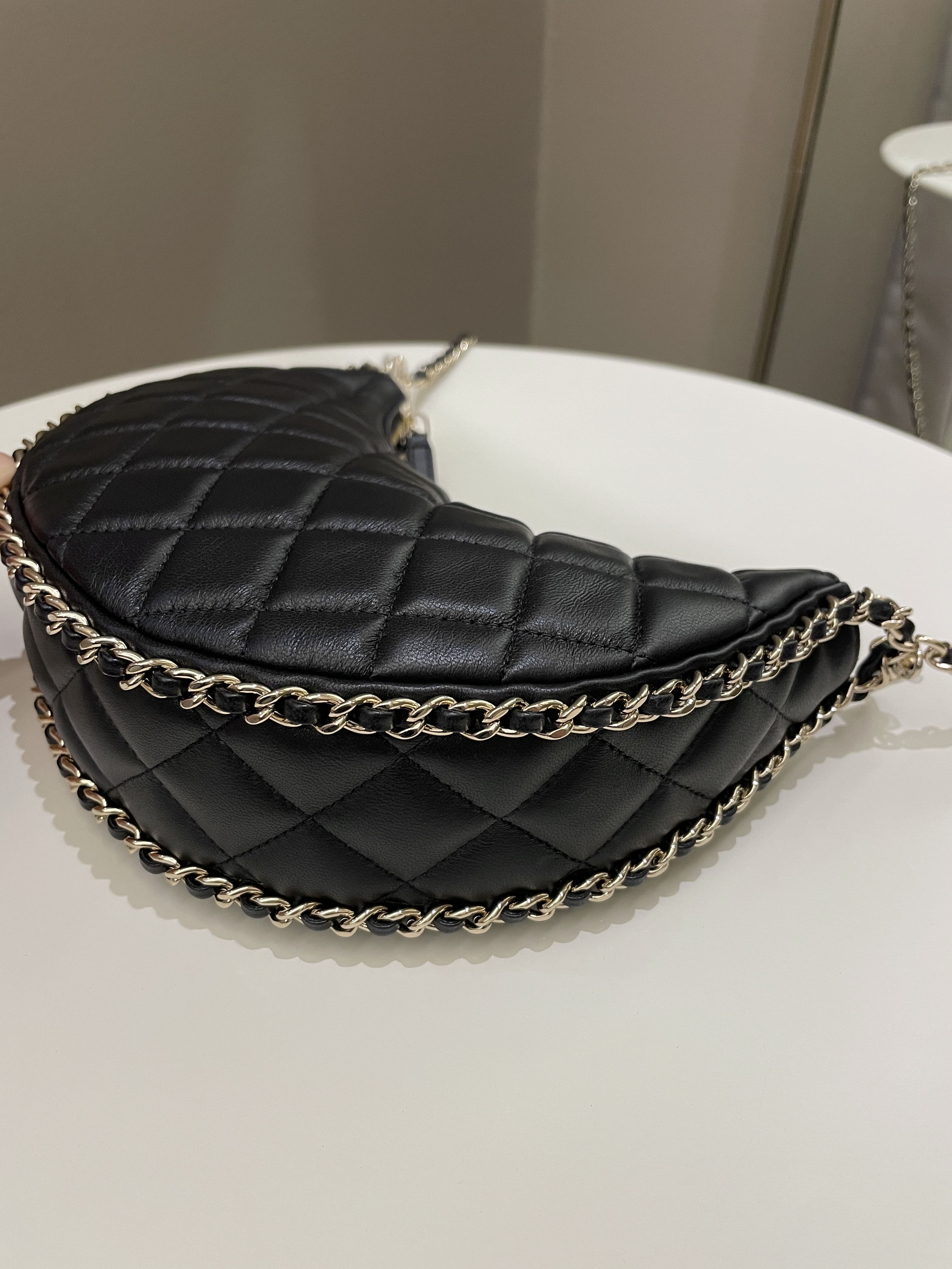 Chanel 23P Quilted Chain Around Hobo Bag Black Lambskin