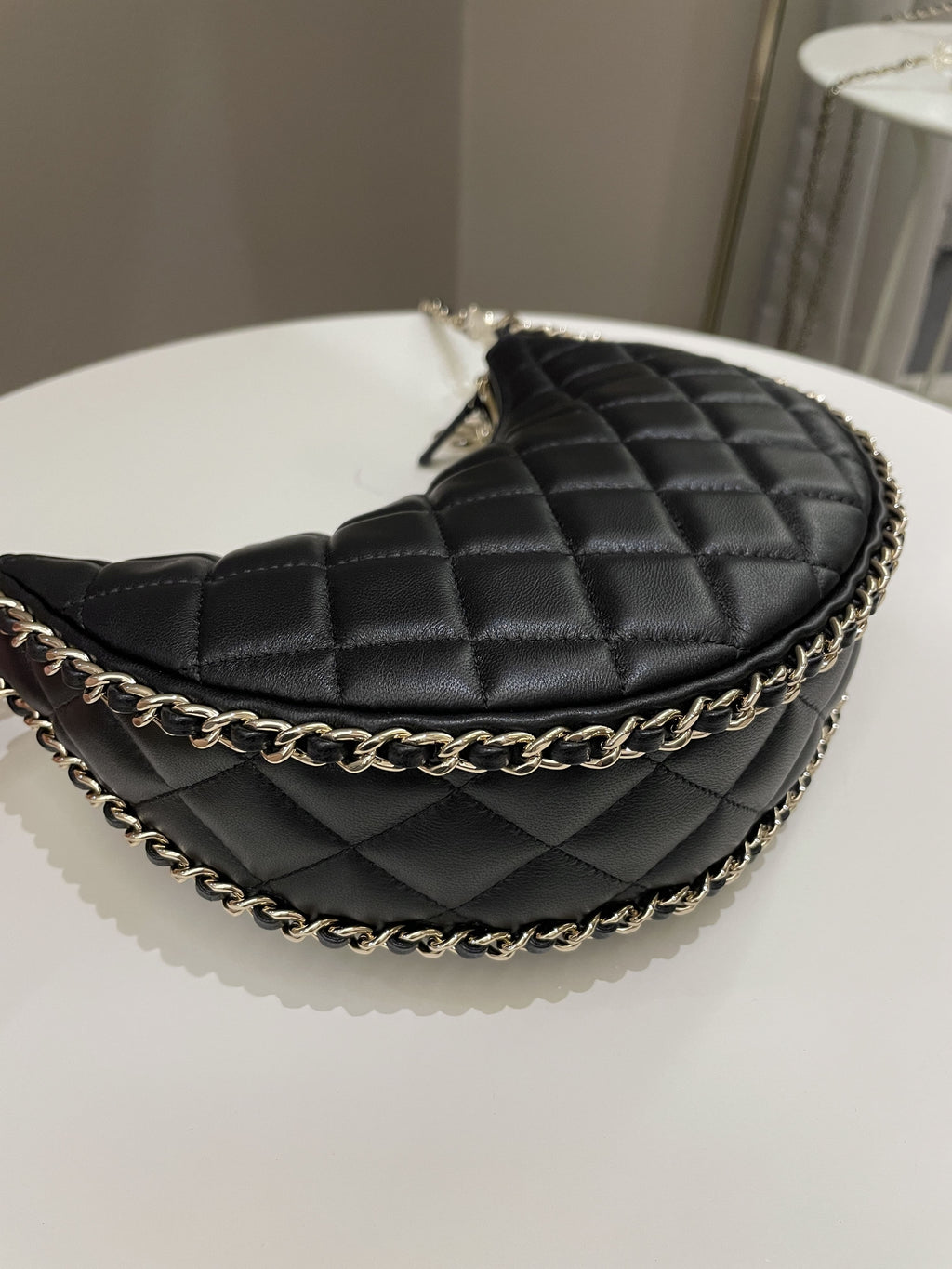 Chanel 23P Quilted Chain Around Hobo Bag Black Lambskin