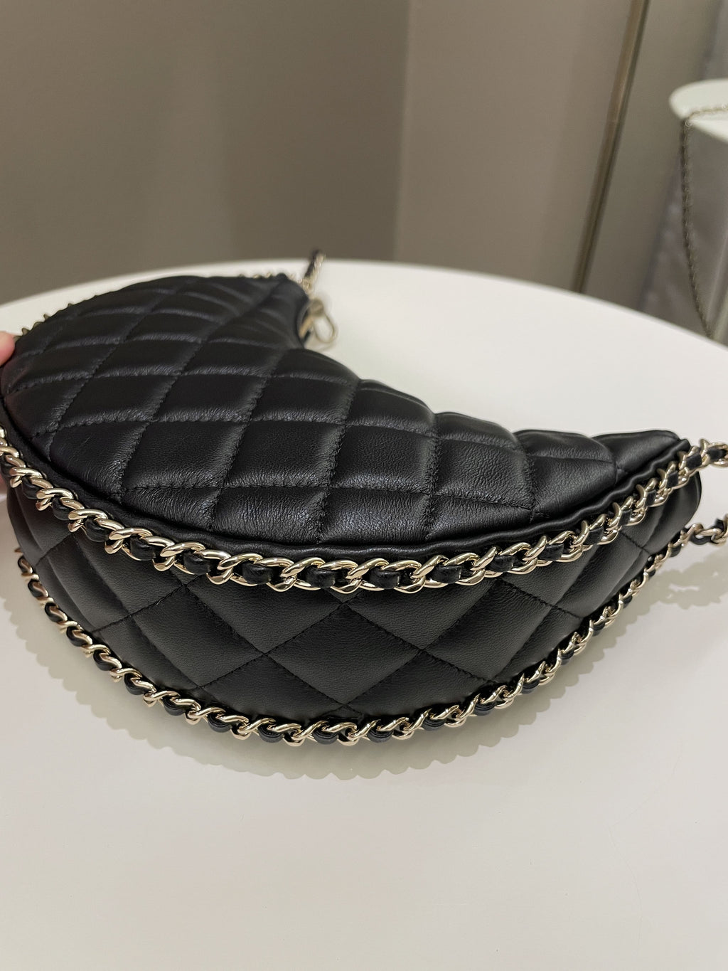 Chanel 23P Quilted Chain Around Hobo Bag Black Lambskin