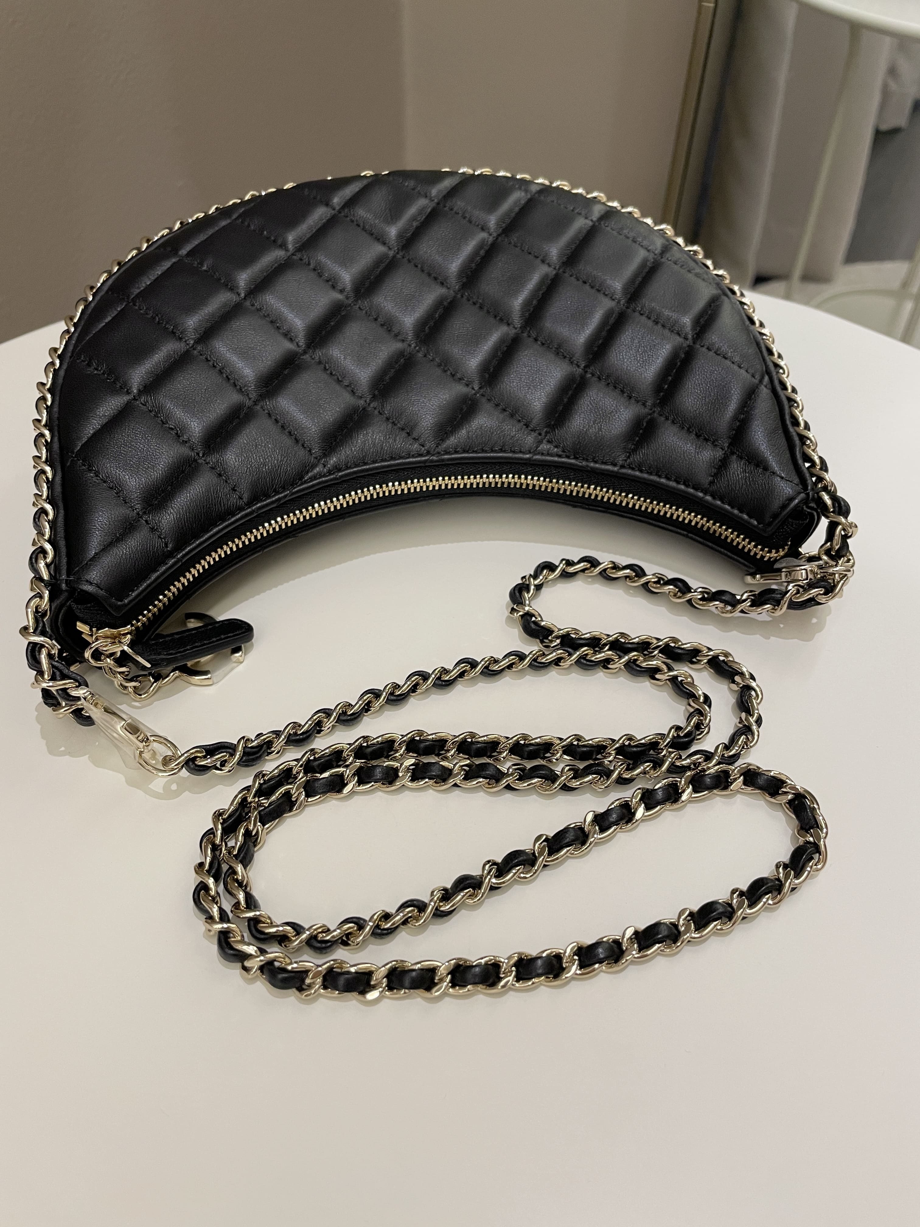 Chanel 23P Quilted Chain Around Hobo Bag Black Lambskin