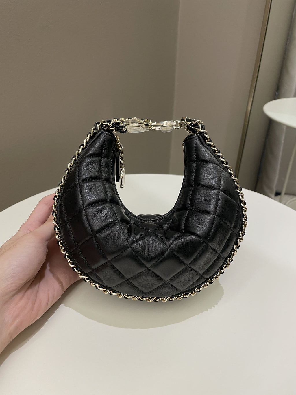 Chanel 23P Quilted Chain Around Hobo Bag Black Lambskin