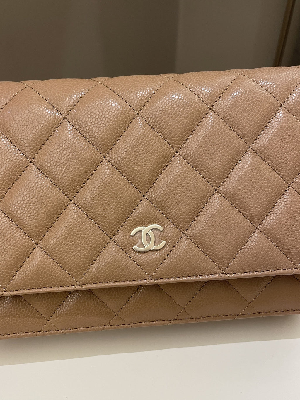 Chanel Classic Quilted Wallet on Chain Dark Nude Beige Caviar