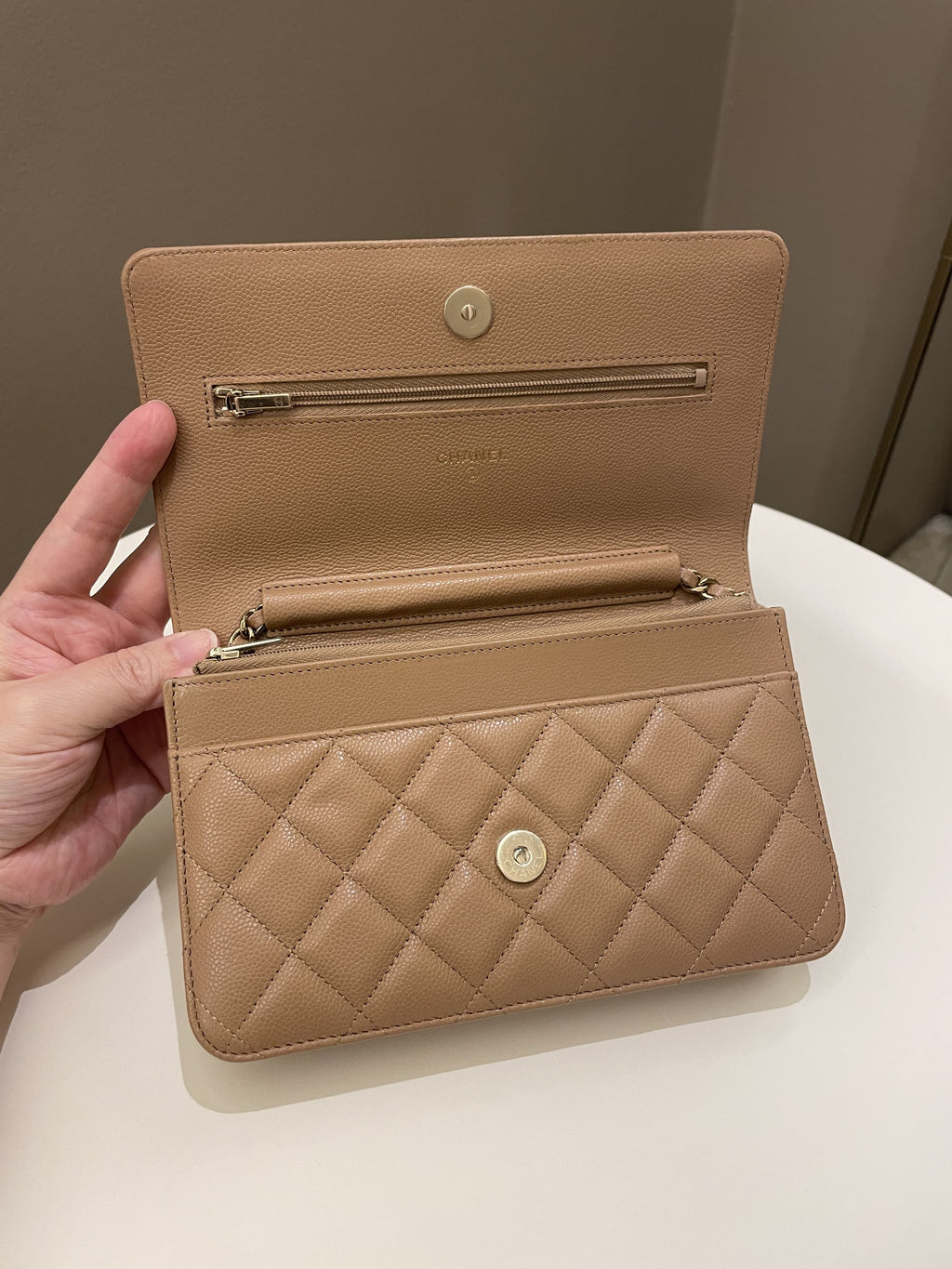 Chanel Classic Quilted Wallet on Chain Dark Nude Beige Caviar