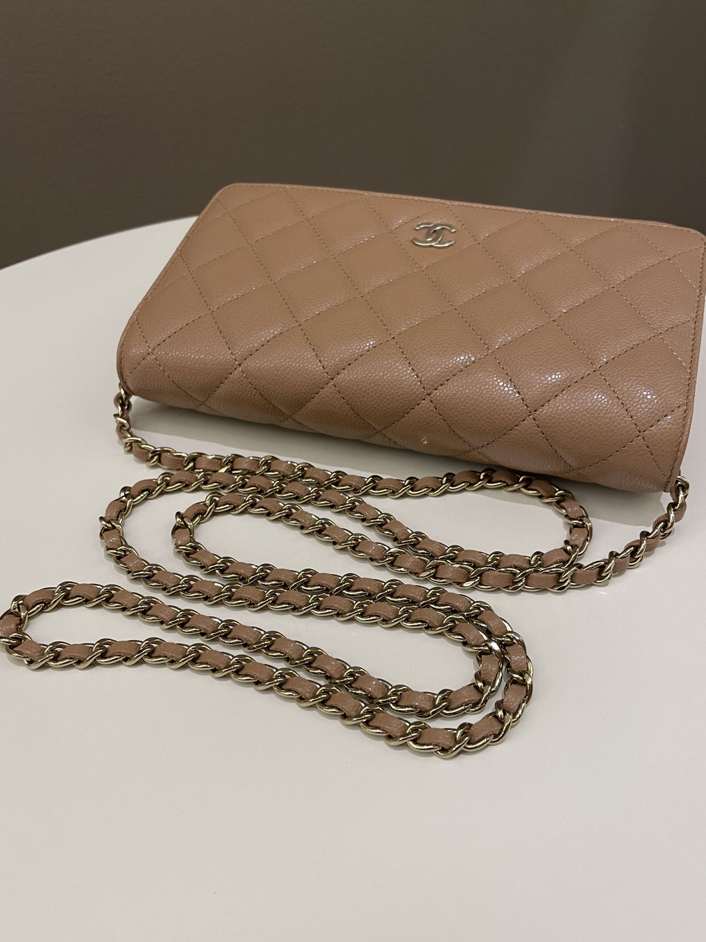 Chanel Classic Quilted Wallet on Chain Dark Nude Beige Caviar