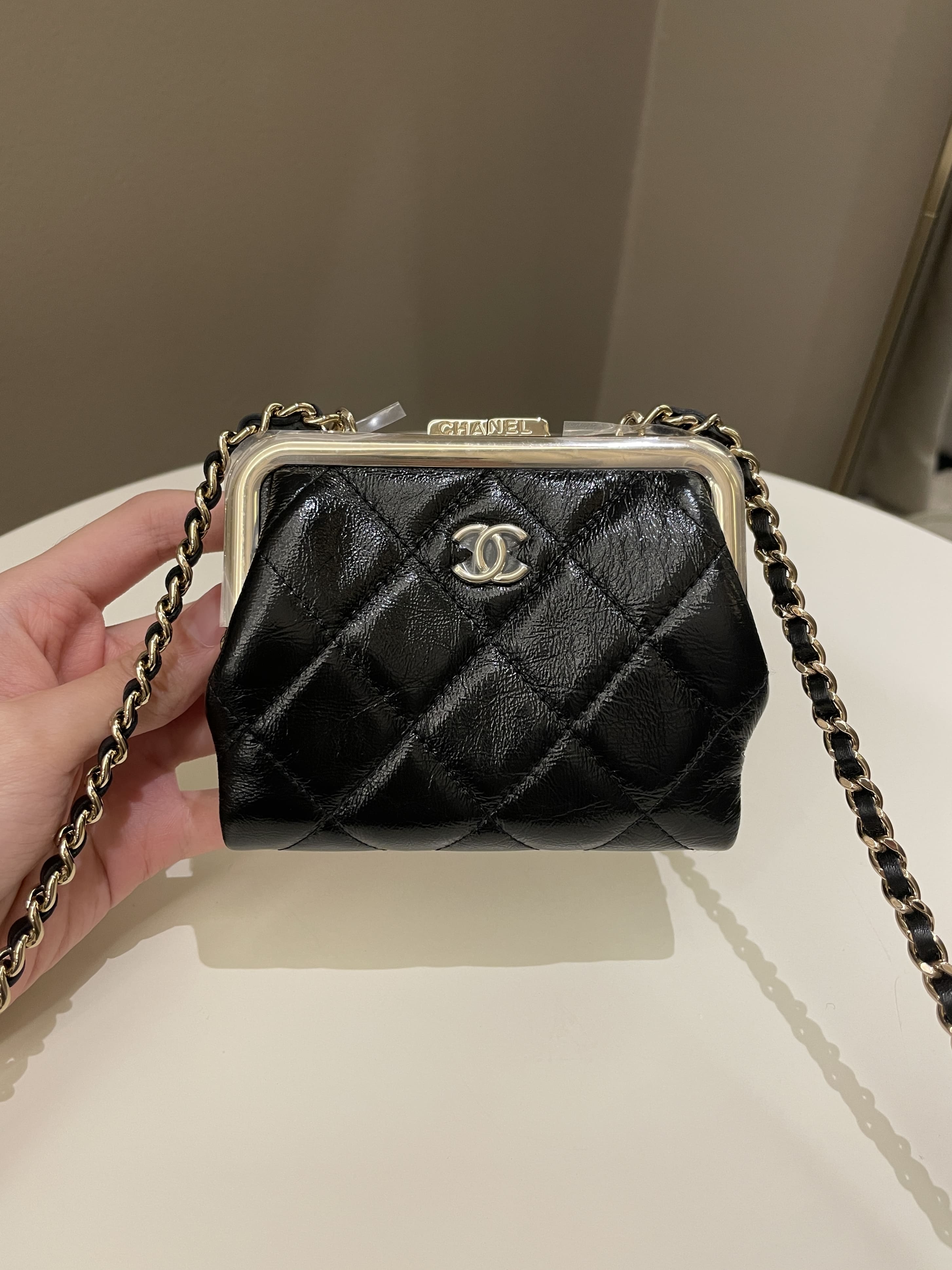 Chanel Quilted Clasp Pouch On Chain Black Aged Calfskin