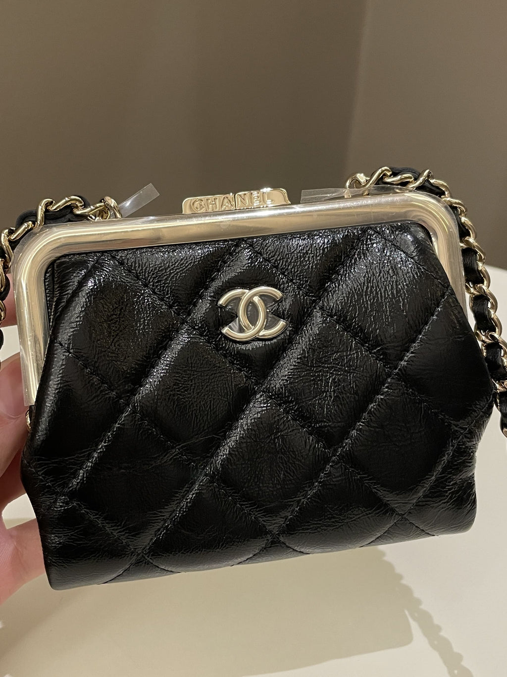 Chanel Quilted Clasp Pouch On Chain Black Aged Calfskin
