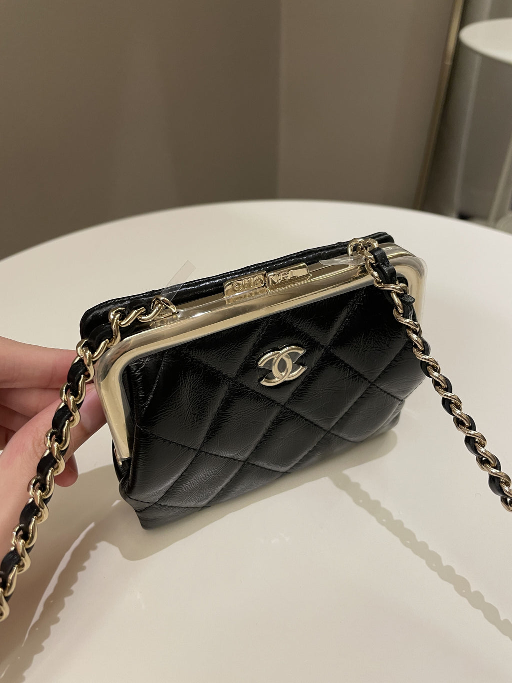Chanel Quilted Clasp Pouch On Chain Black Aged Calfskin