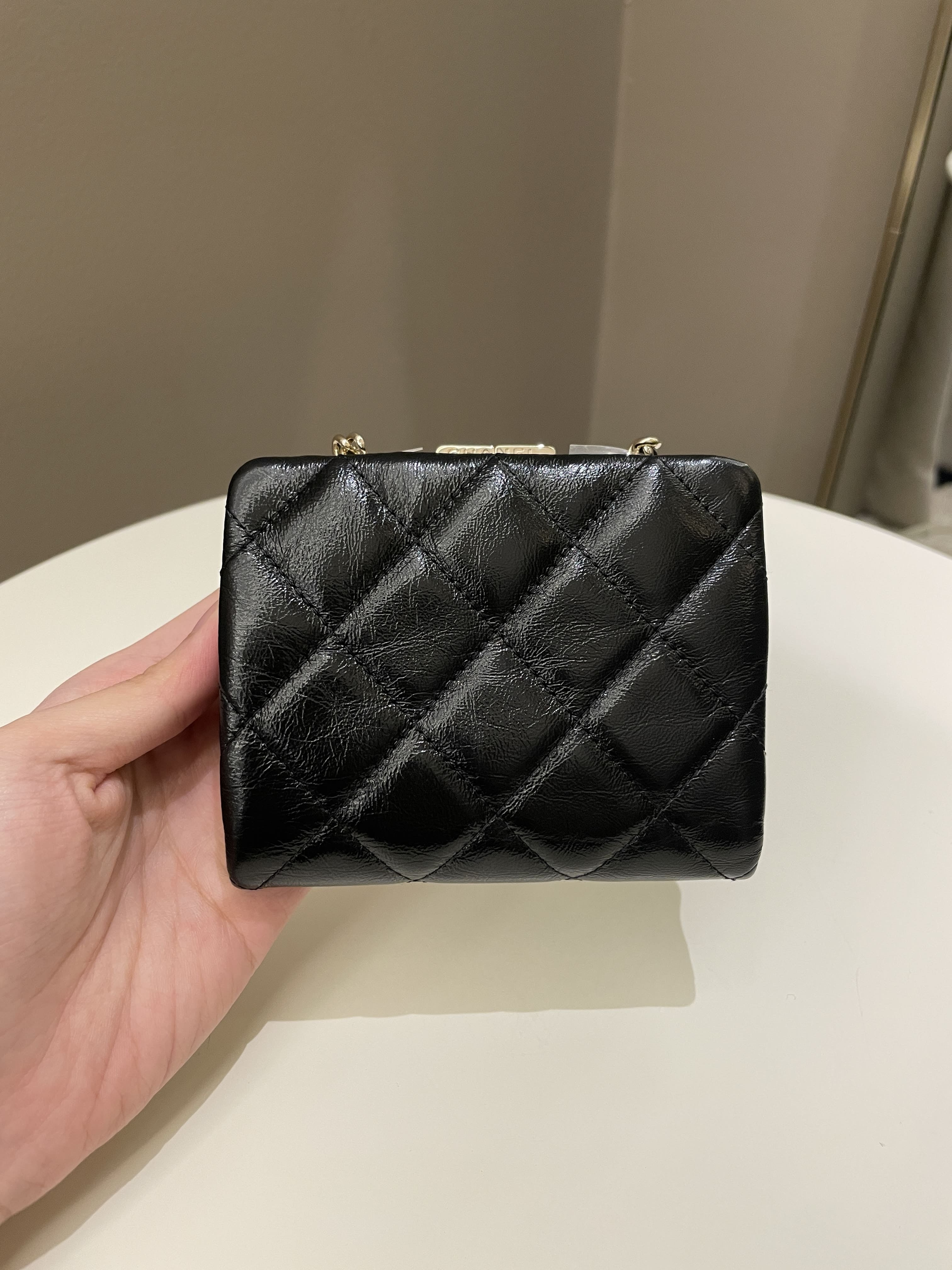 Chanel Quilted Clasp Pouch On Chain Black Aged Calfskin