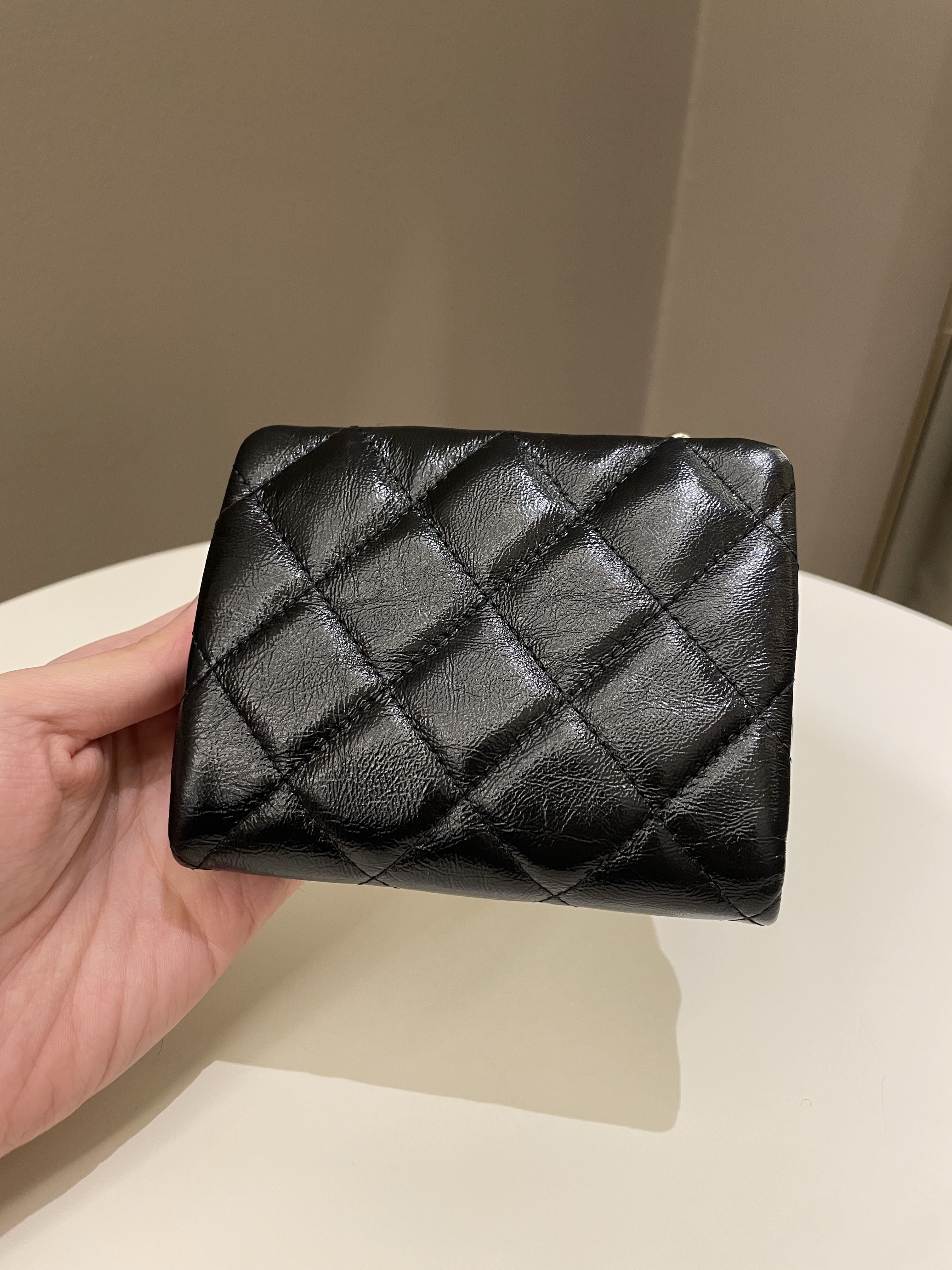 Chanel Quilted Clasp Pouch On Chain Black Aged Calfskin