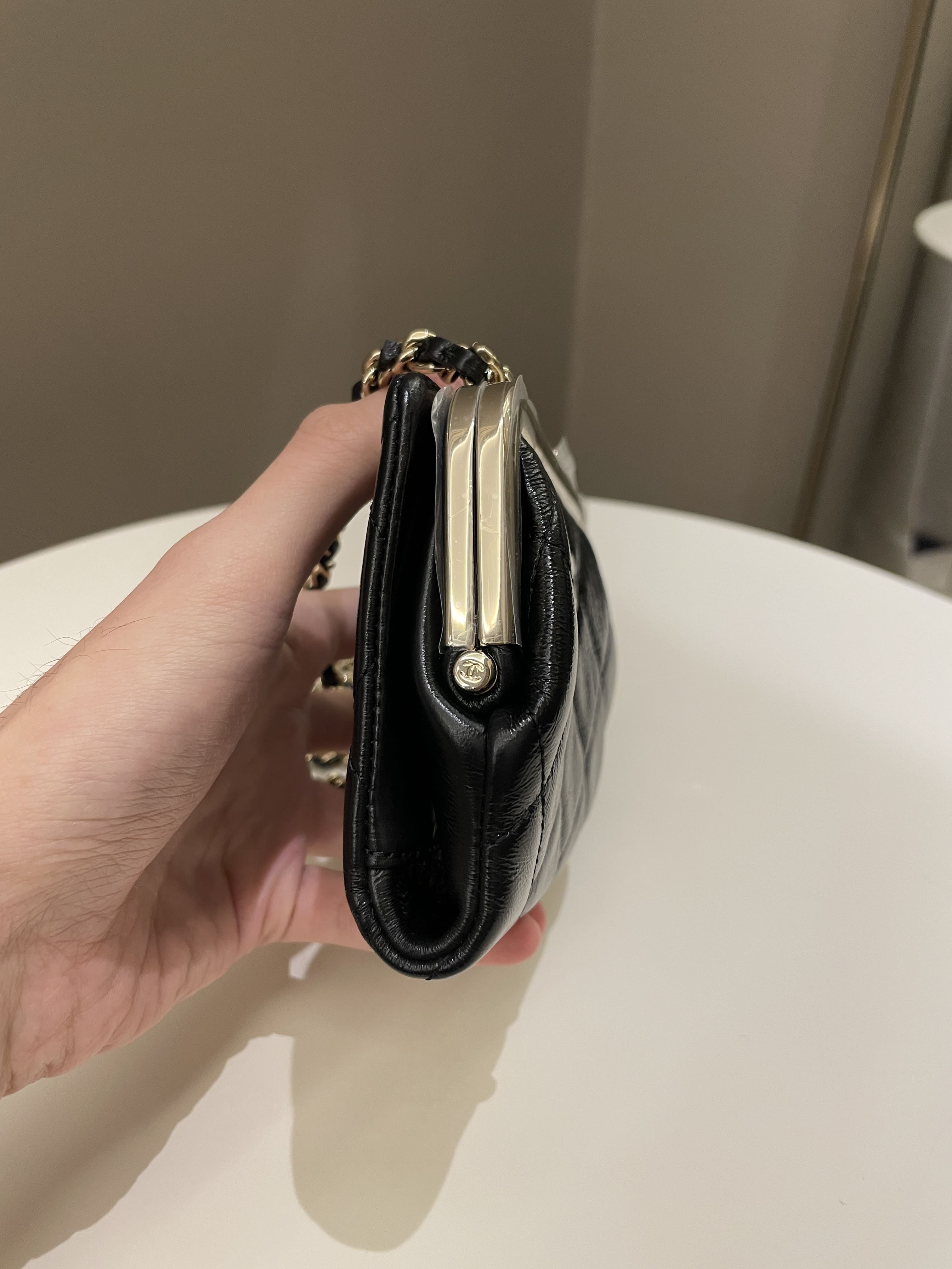 Chanel Quilted Clasp Pouch On Chain Black Aged Calfskin