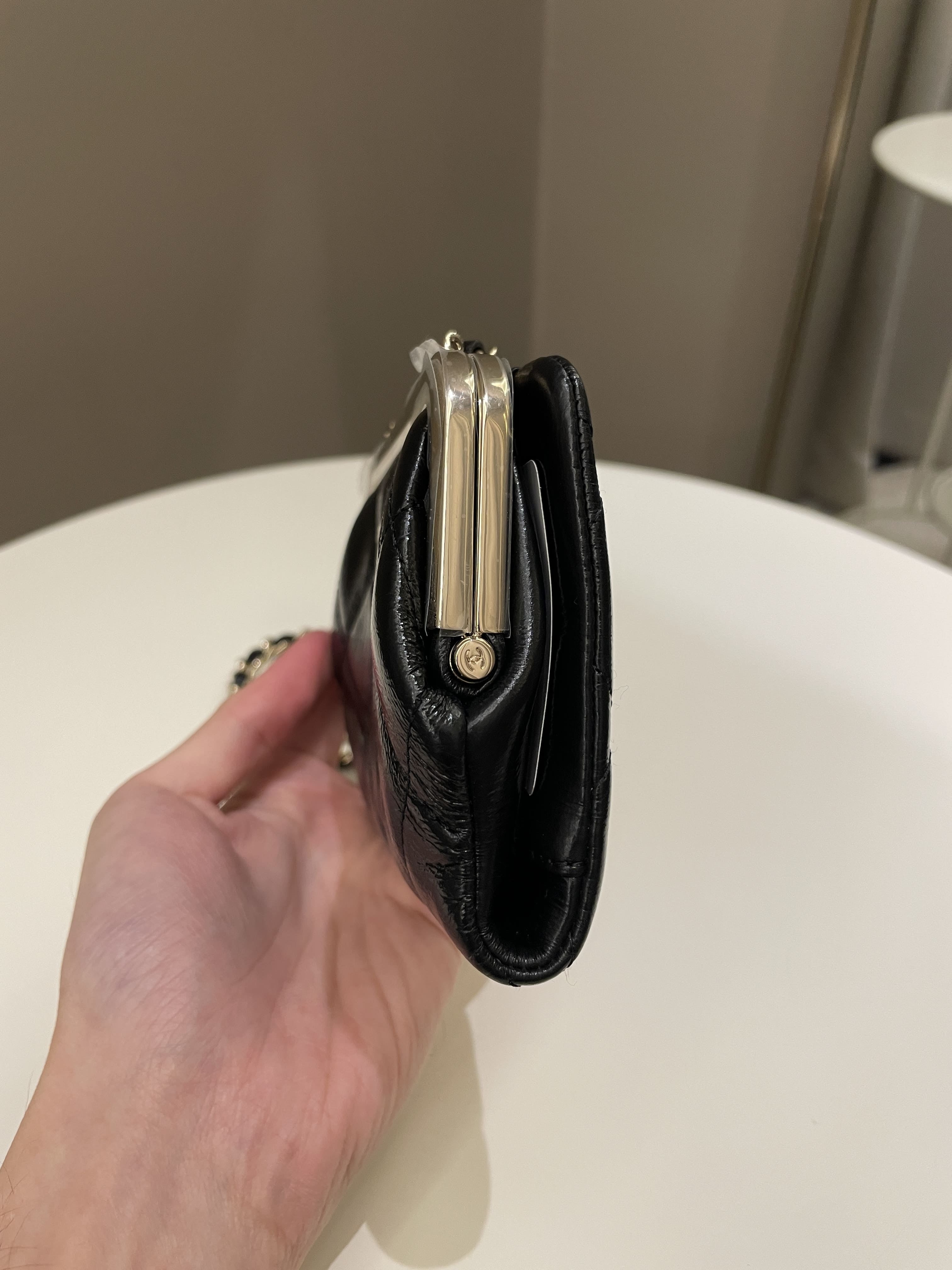 Chanel Quilted Clasp Pouch On Chain Black Aged Calfskin