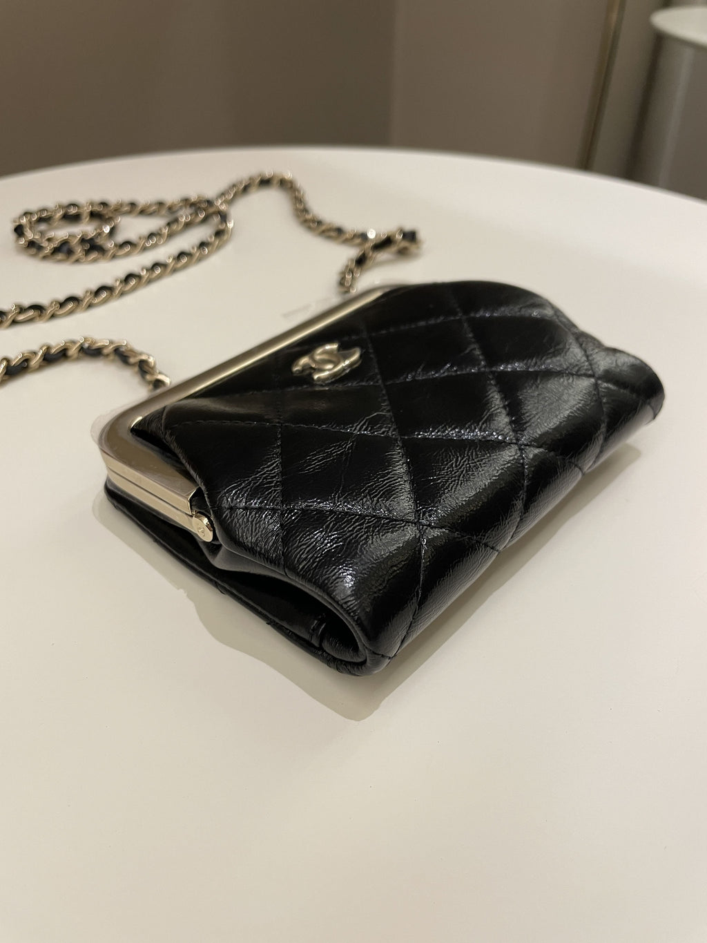Chanel Quilted Clasp Pouch On Chain Black Aged Calfskin