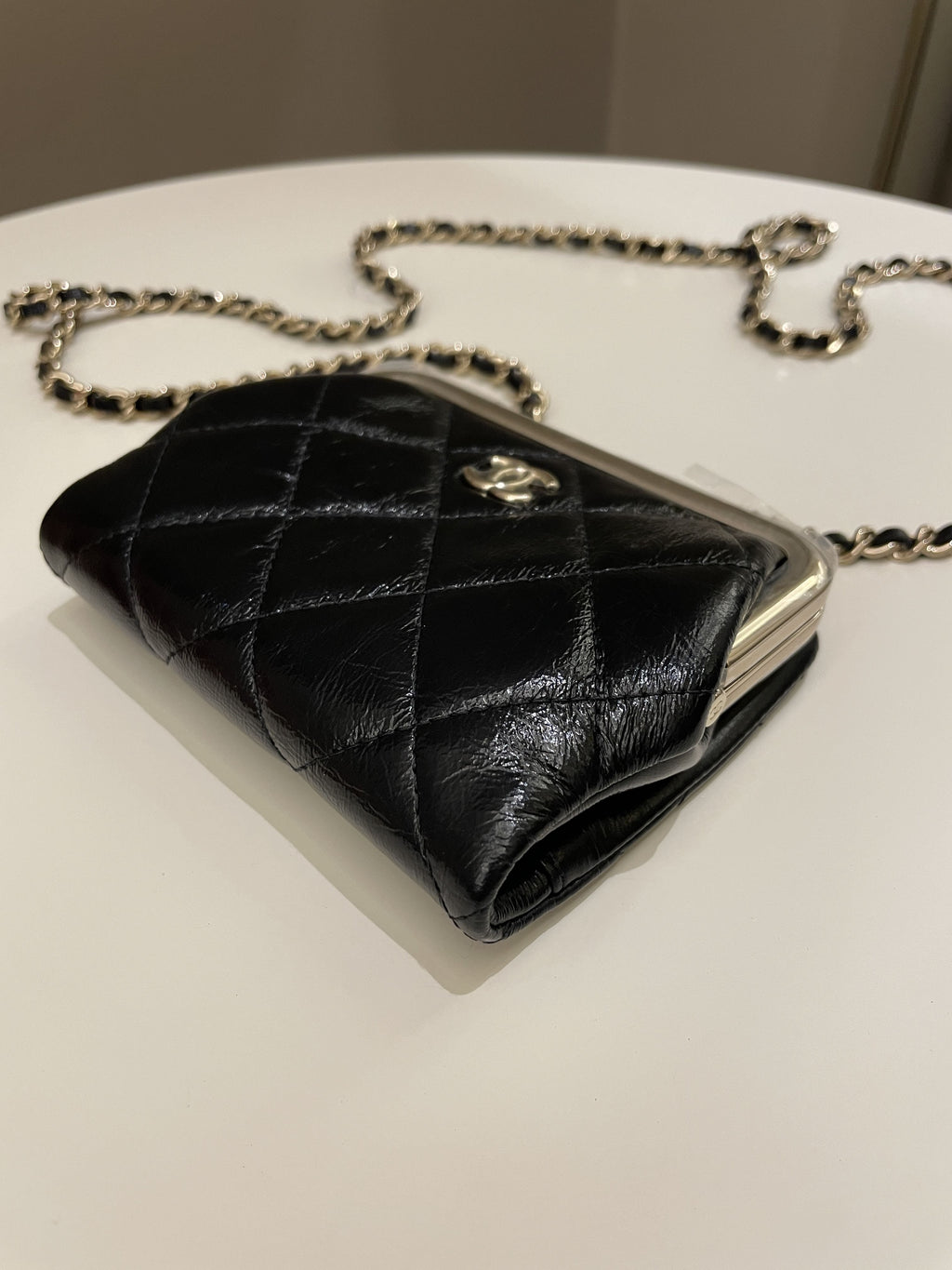 Chanel Quilted Clasp Pouch On Chain Black Aged Calfskin
