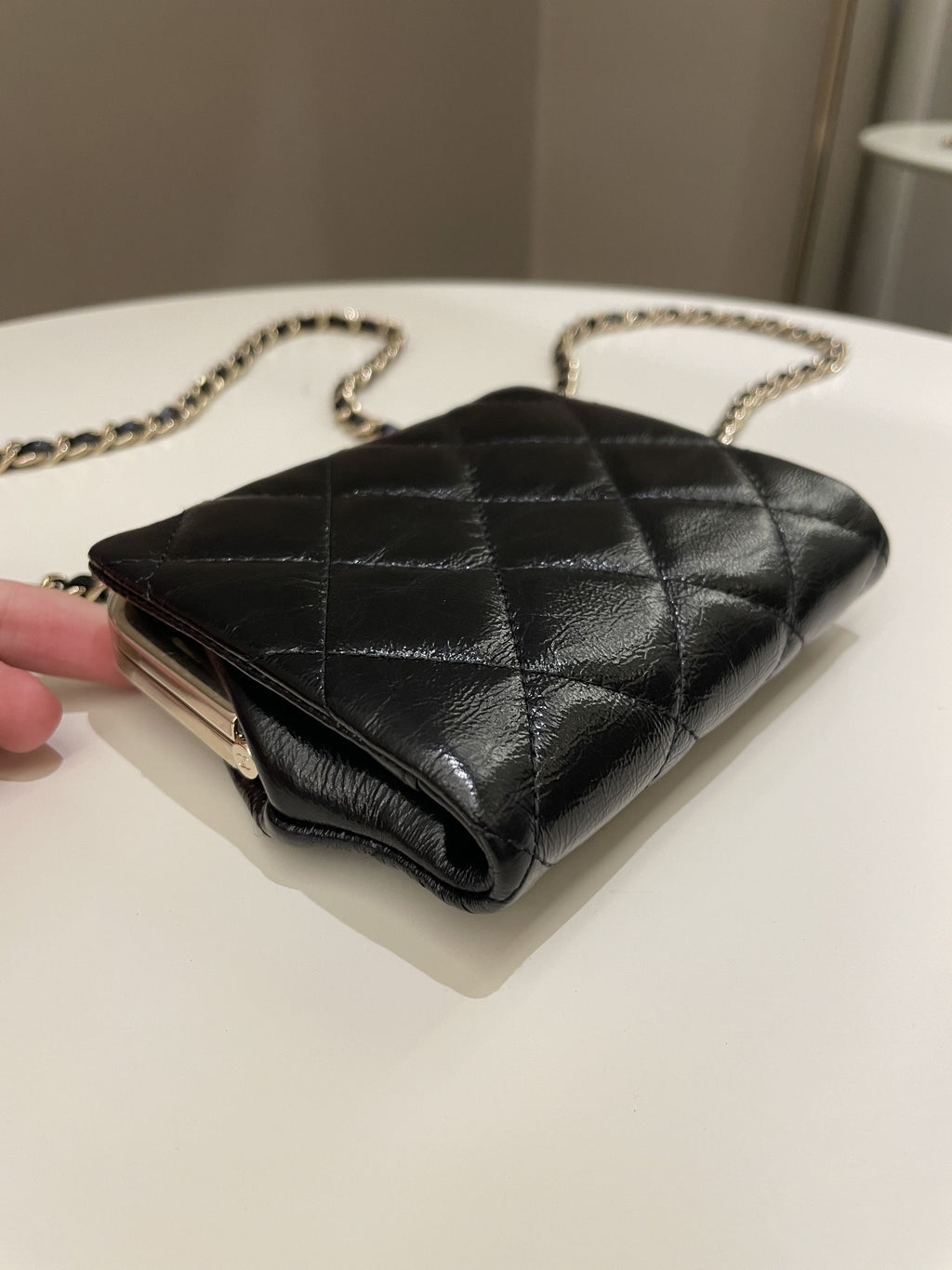 Chanel Quilted Clasp Pouch On Chain Black Aged Calfskin