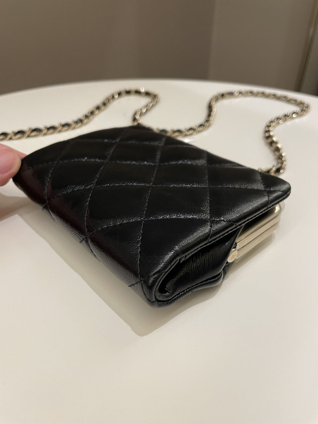 Chanel Quilted Clasp Pouch On Chain Black Aged Calfskin
