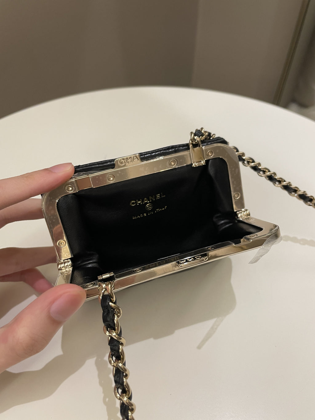 Chanel Quilted Clasp Pouch On Chain Black Aged Calfskin