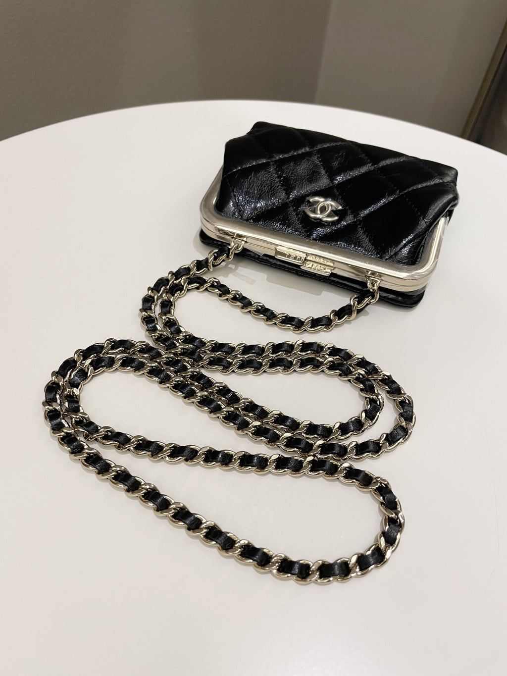 Chanel Quilted Clasp Pouch On Chain Black Aged Calfskin