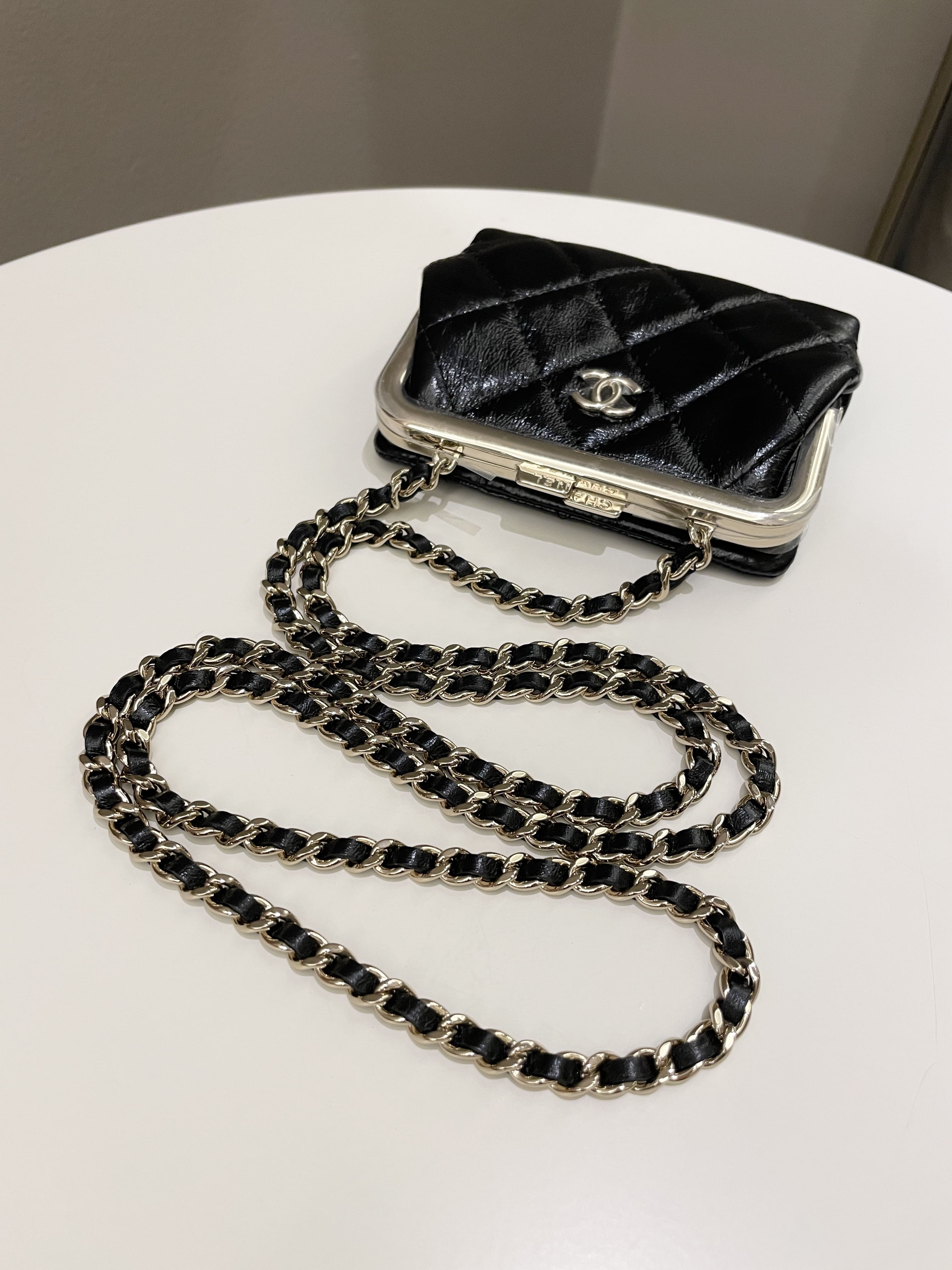 Chanel Quilted Clasp Pouch On Chain Black Aged Calfskin