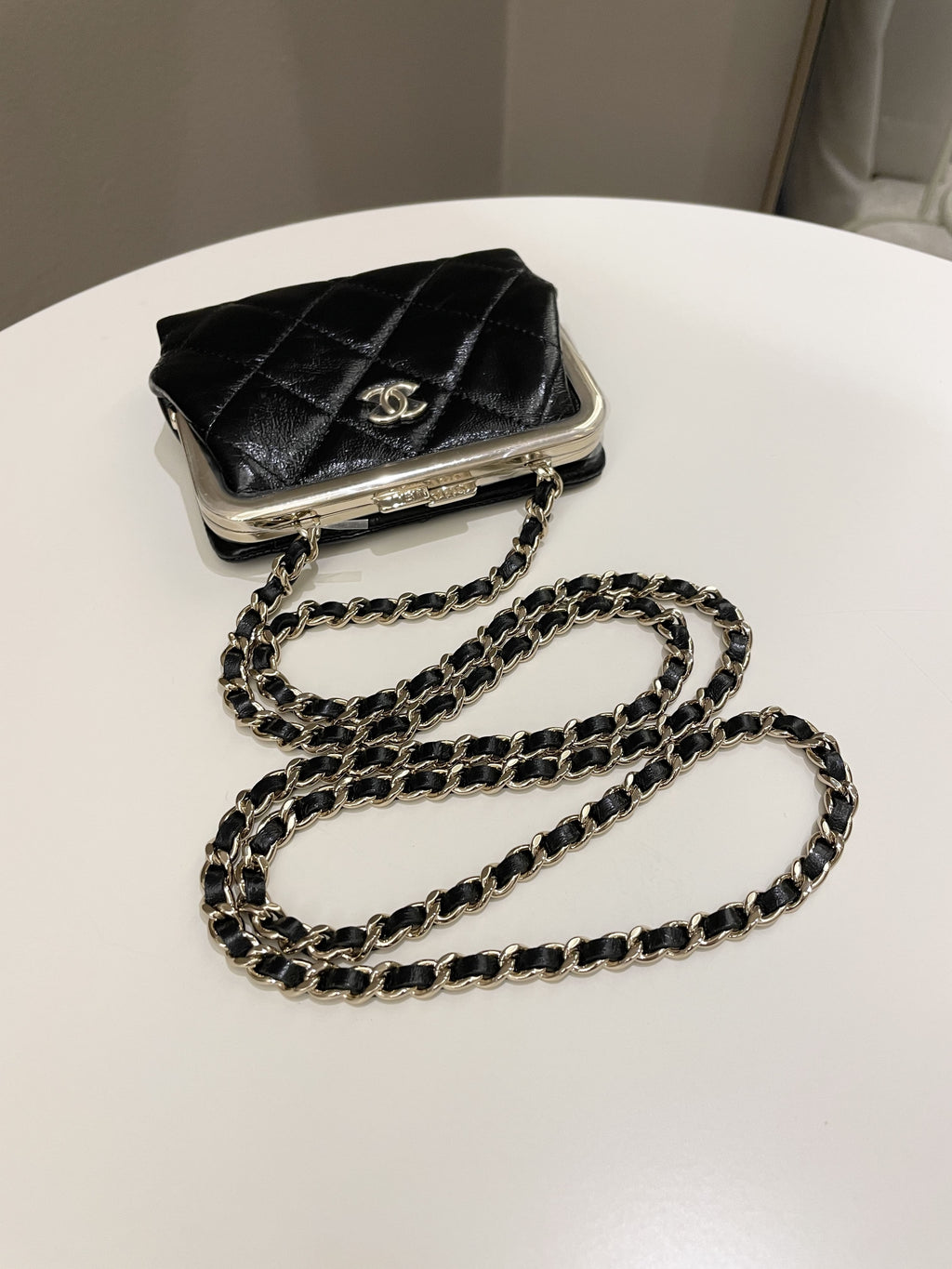 Chanel Quilted Clasp Pouch On Chain Black Aged Calfskin