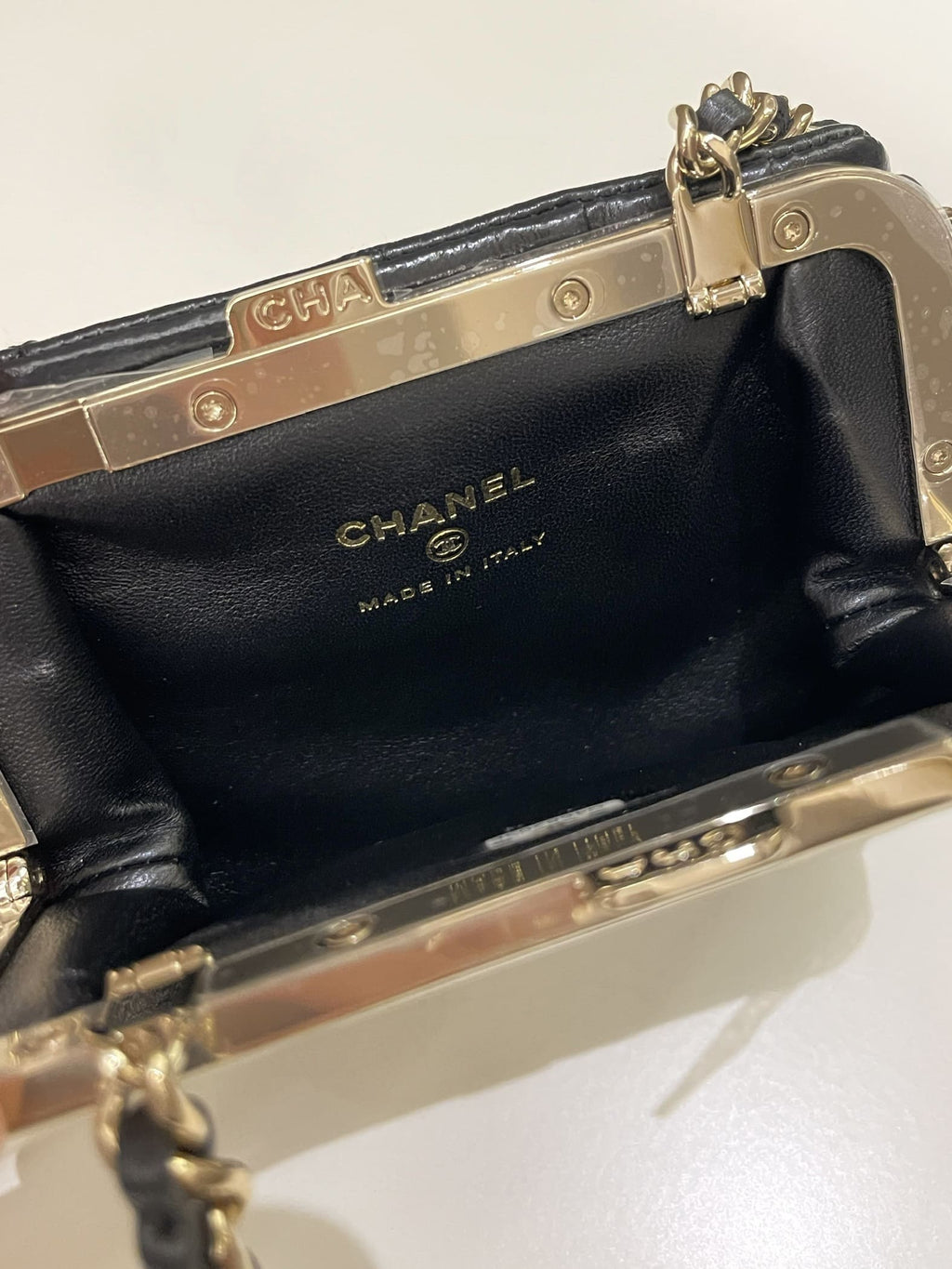 Chanel Quilted Clasp Pouch On Chain Black Aged Calfskin