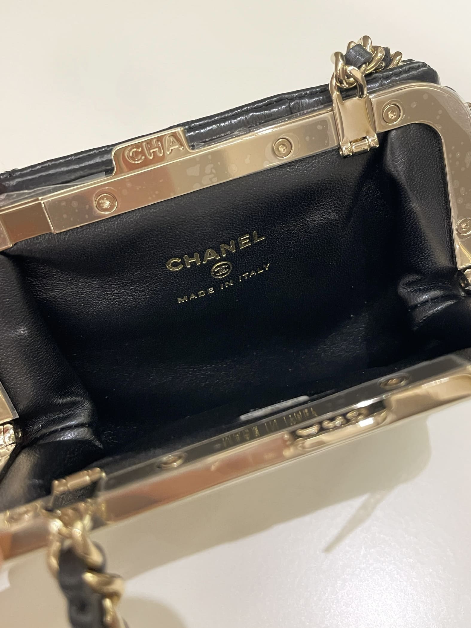 Chanel Quilted Clasp Pouch On Chain Black Aged Calfskin