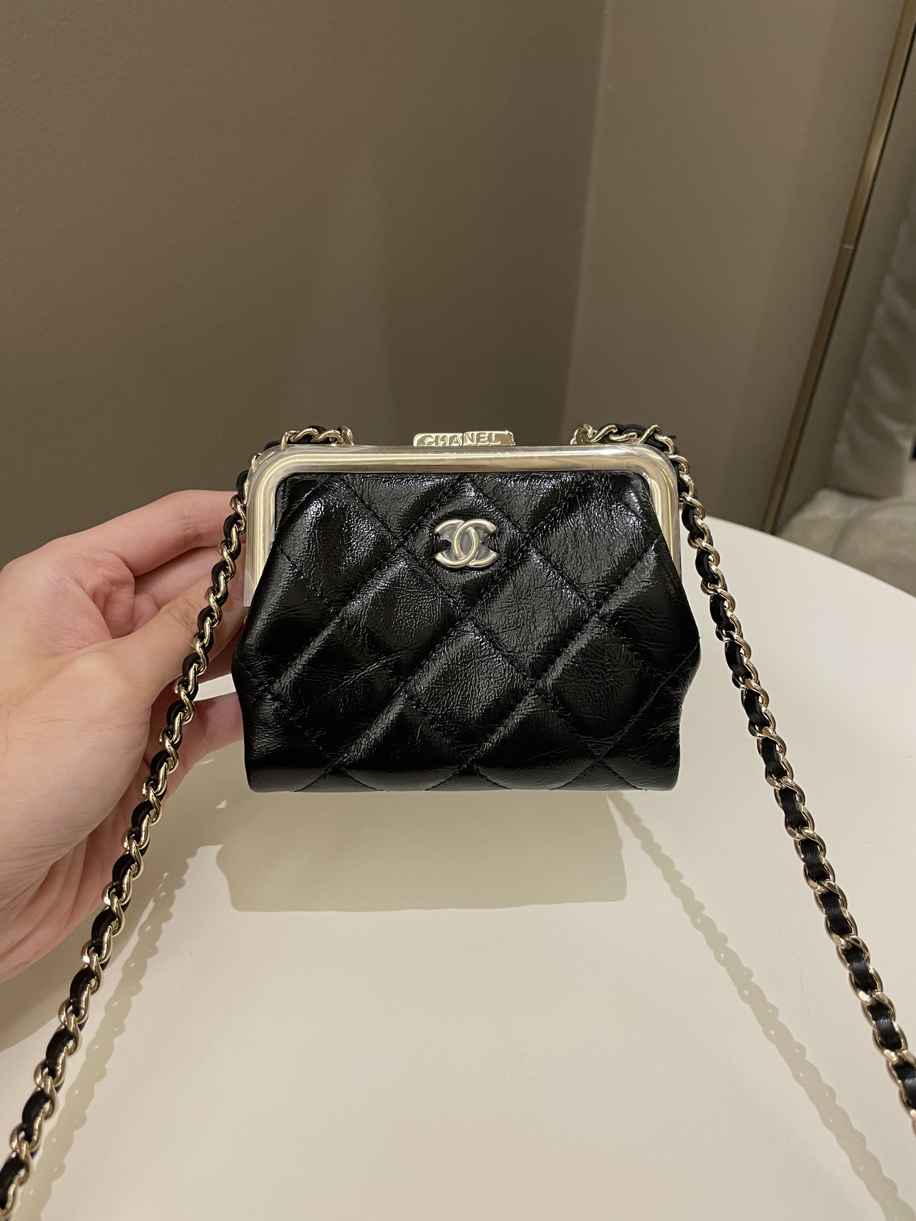 Chanel Quilted Clasp Pouch On Chain Black Aged Calfskin