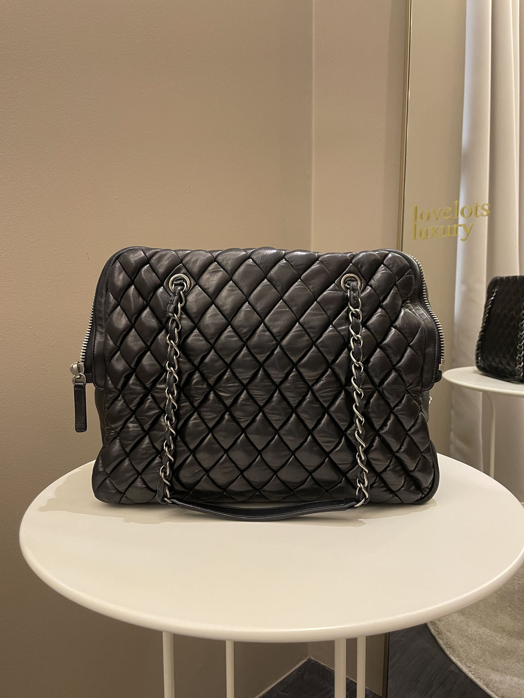 Chanel Dual Zip Quilted Bowling Bag Black Lambskin