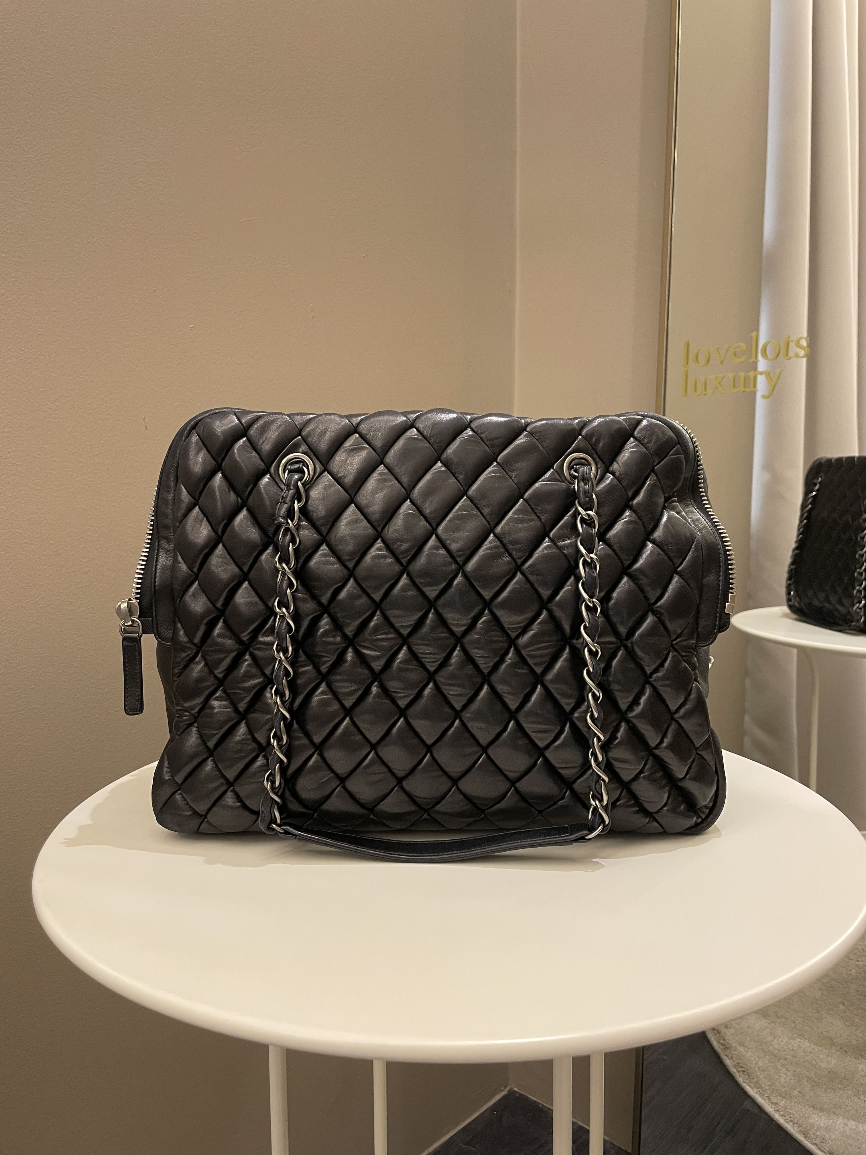 Chanel Dual Zip Quilted Bowling Bag Black Lambskin