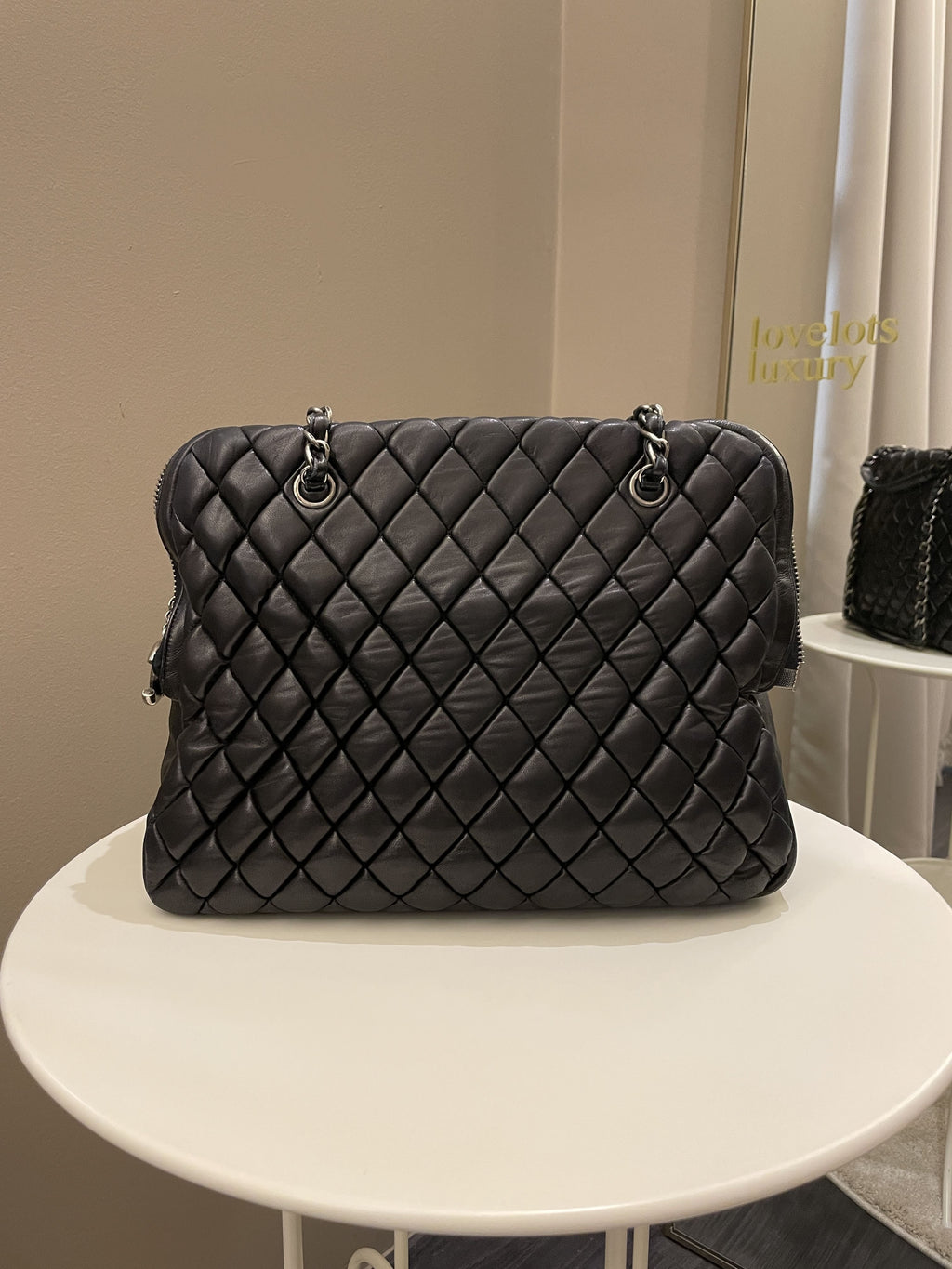 Chanel Dual Zip Quilted Bowling Bag Black Lambskin