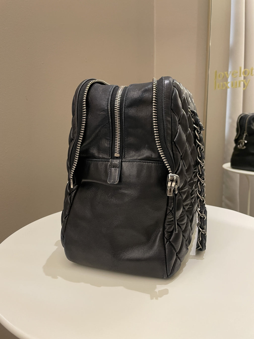 Chanel Dual Zip Quilted Bowling Bag Black Lambskin
