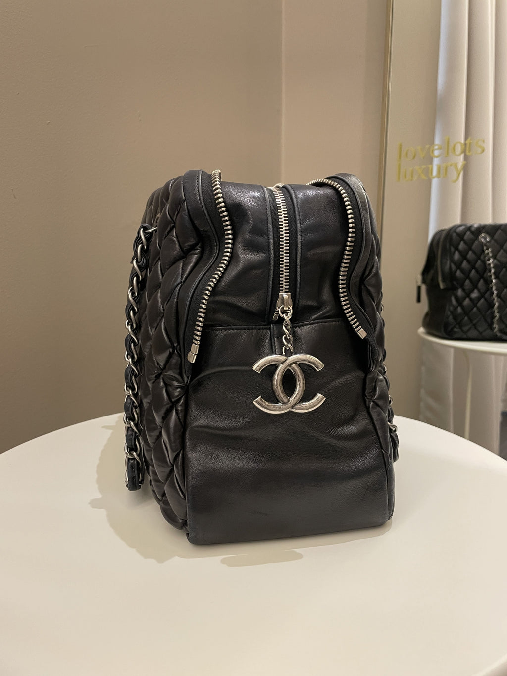 Chanel Dual Zip Quilted Bowling Bag Black Lambskin