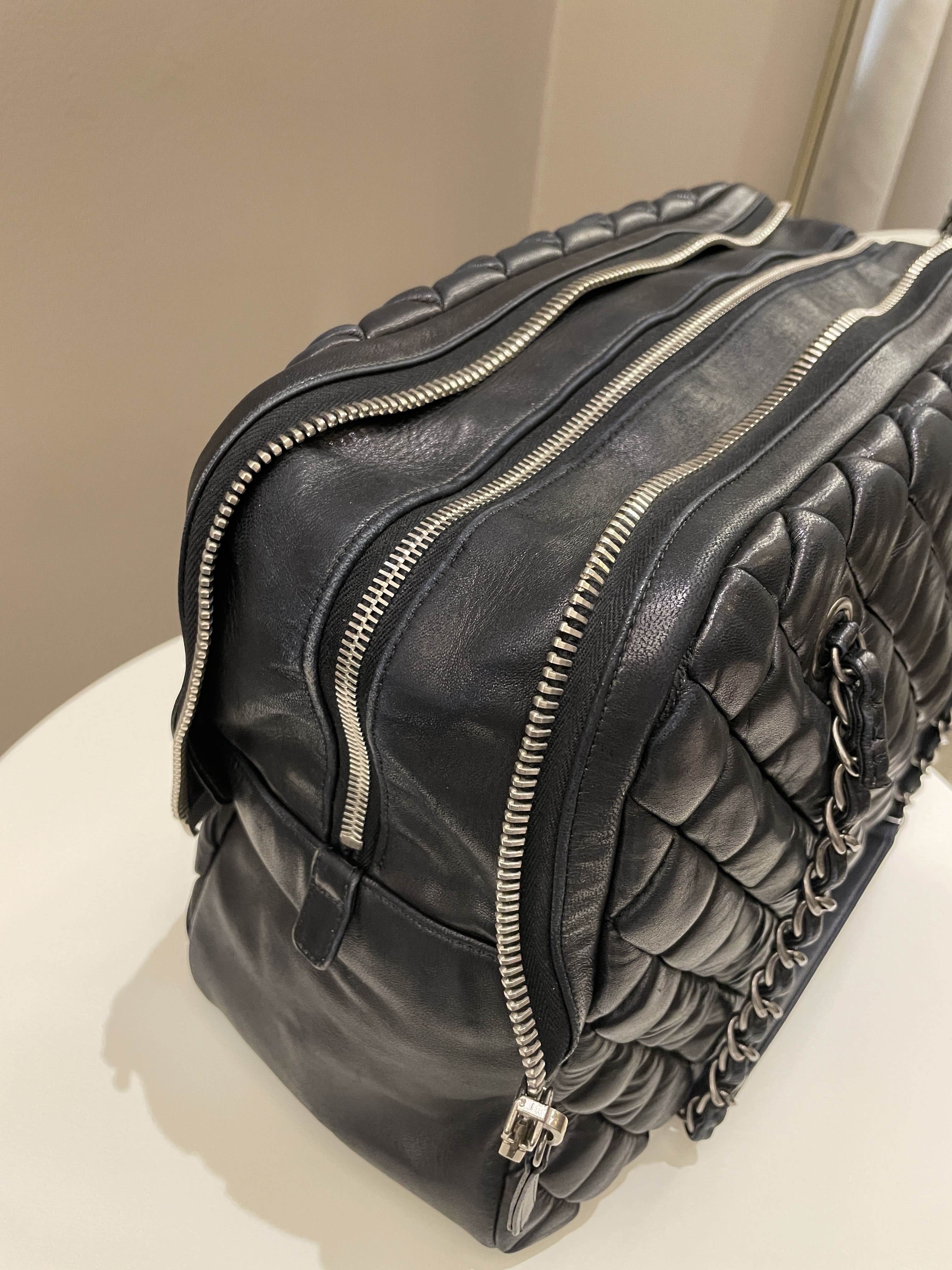 Chanel Dual Zip Quilted Bowling Bag Black Lambskin