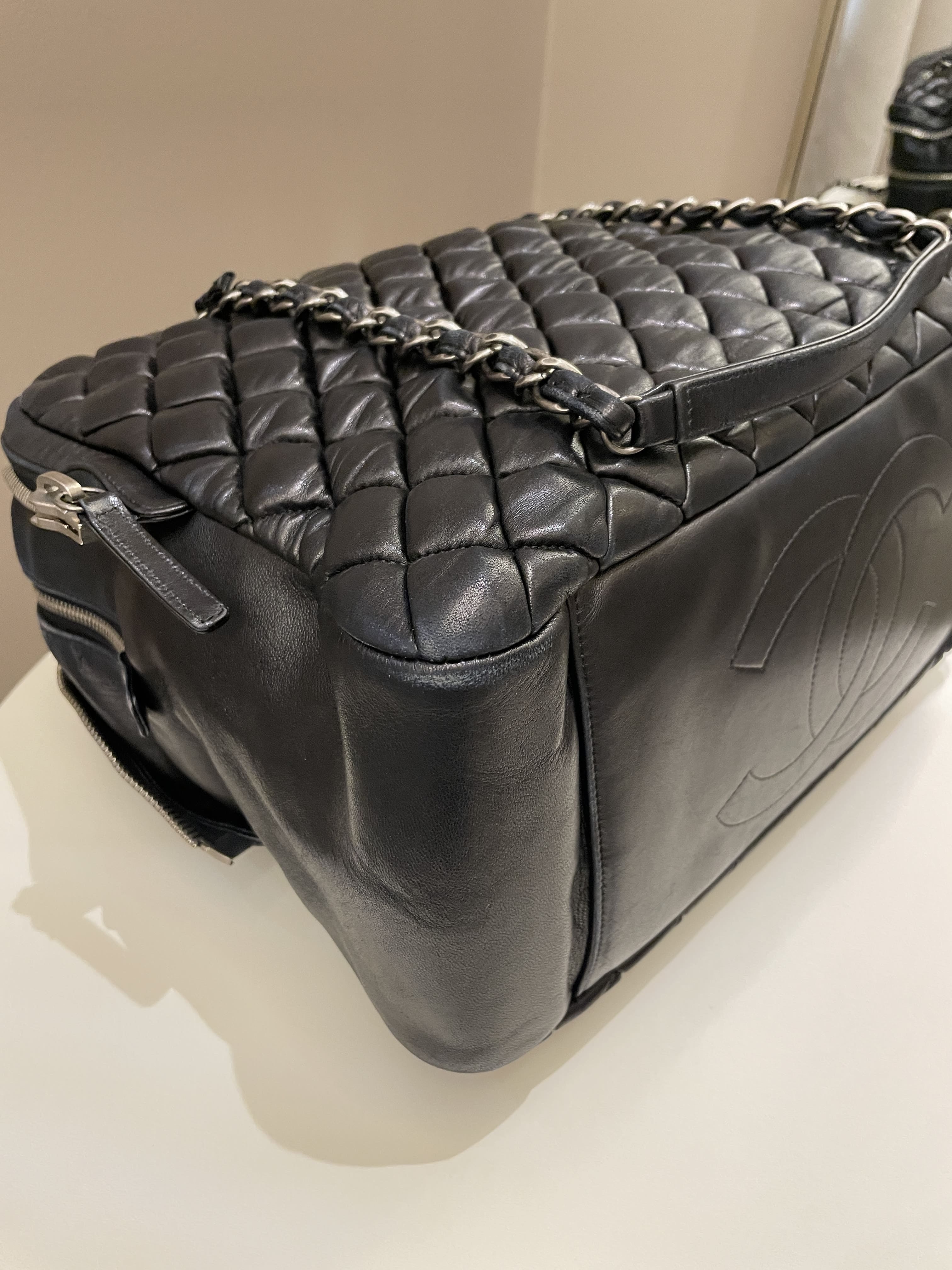 Chanel Dual Zip Quilted Bowling Bag Black Lambskin