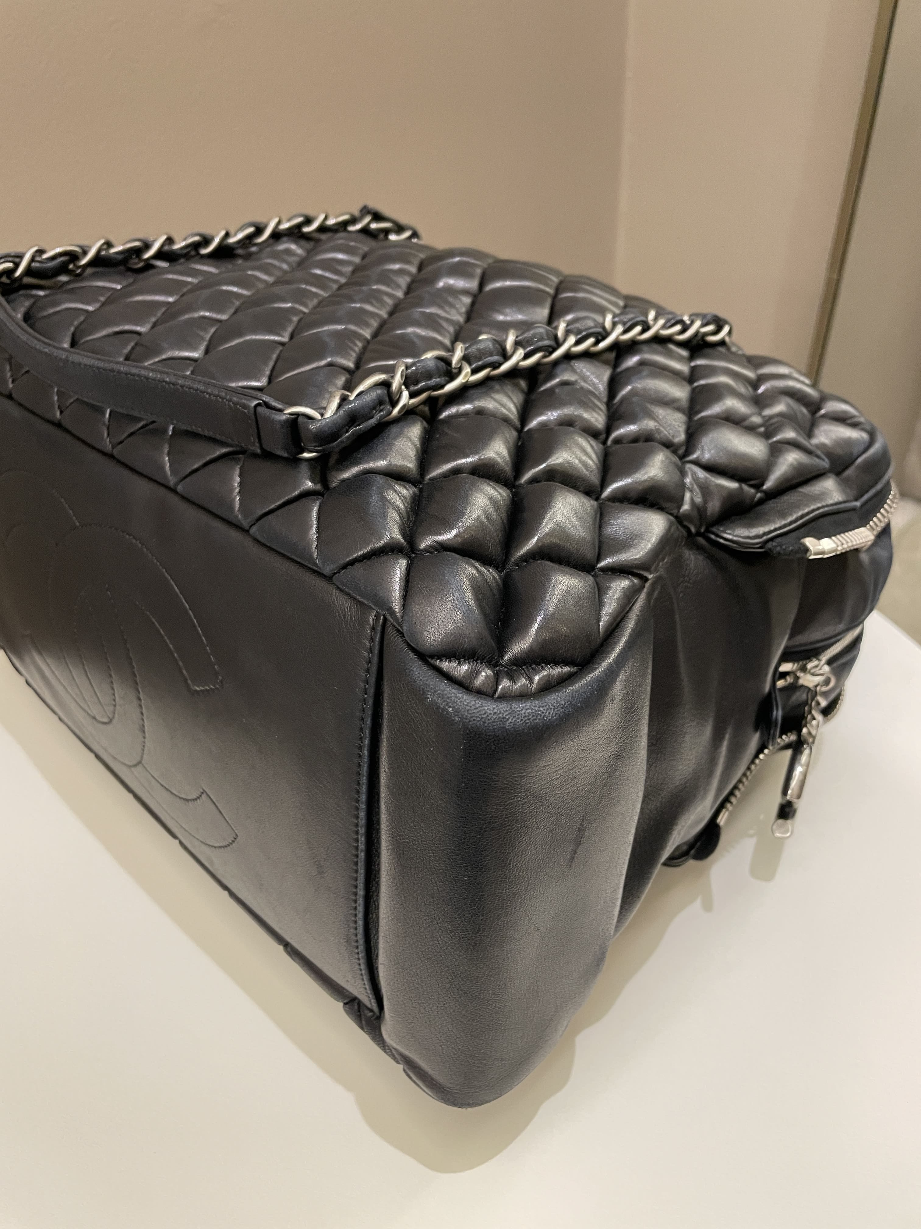 Chanel Dual Zip Quilted Bowling Bag Black Lambskin