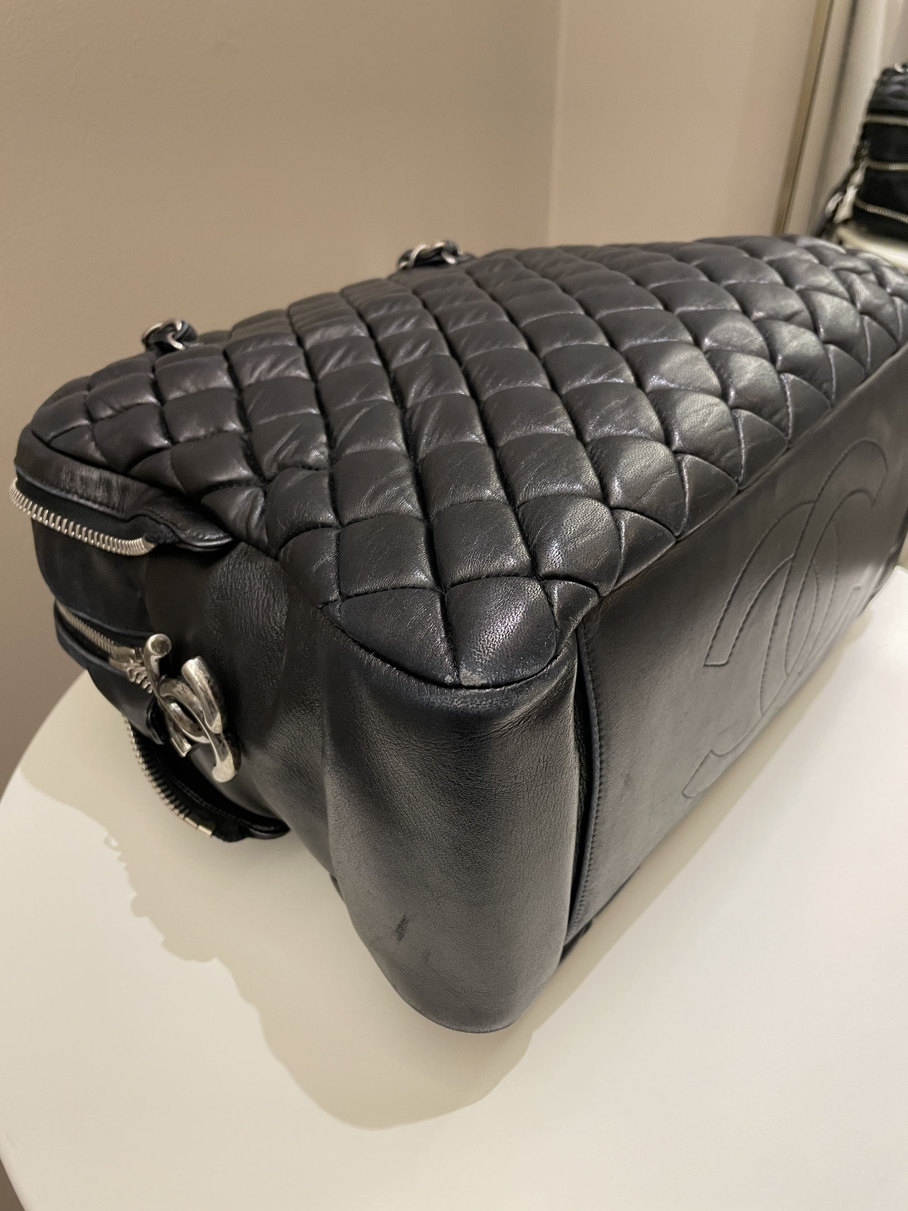 Chanel Dual Zip Quilted Bowling Bag Black Lambskin