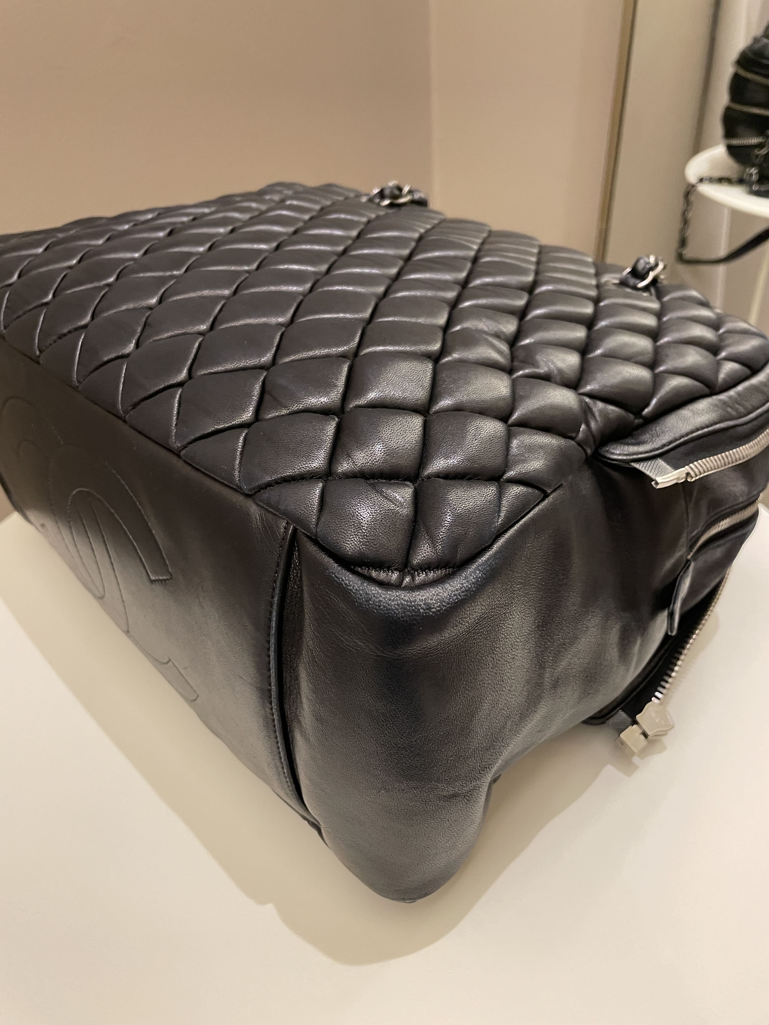 Chanel Dual Zip Quilted Bowling Bag Black Lambskin