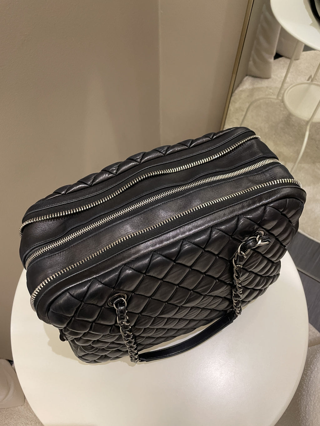 Chanel Dual Zip Quilted Bowling Bag Black Lambskin