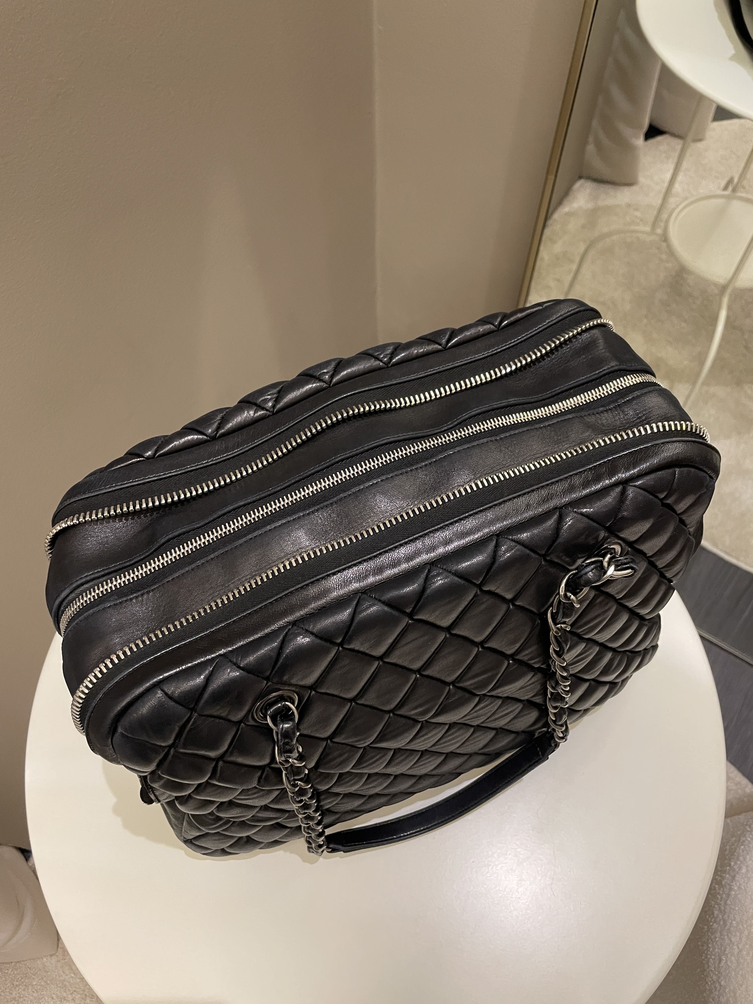 Chanel Dual Zip Quilted Bowling Bag Black Lambskin