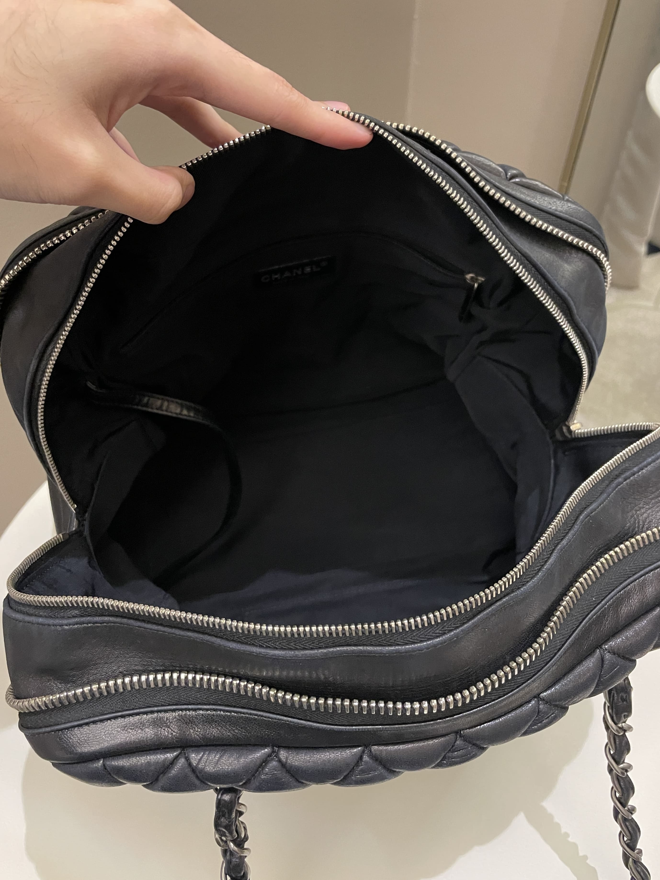 Chanel Dual Zip Quilted Bowling Bag Black Lambskin
