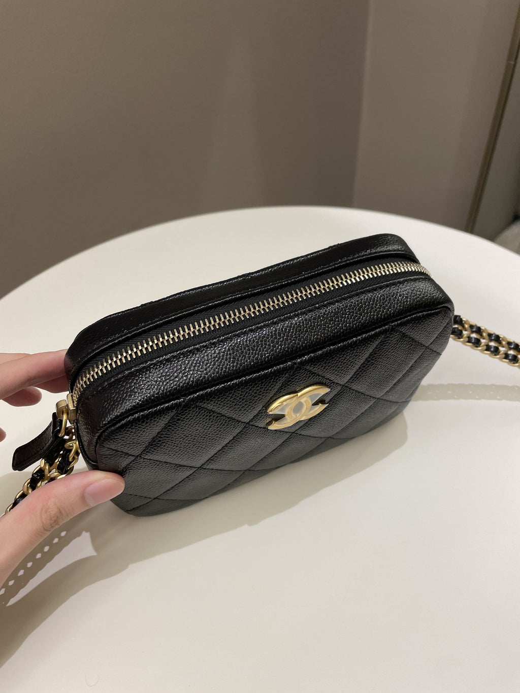 Chanel 22P Quilted Camera Sling Bag Black Caviar