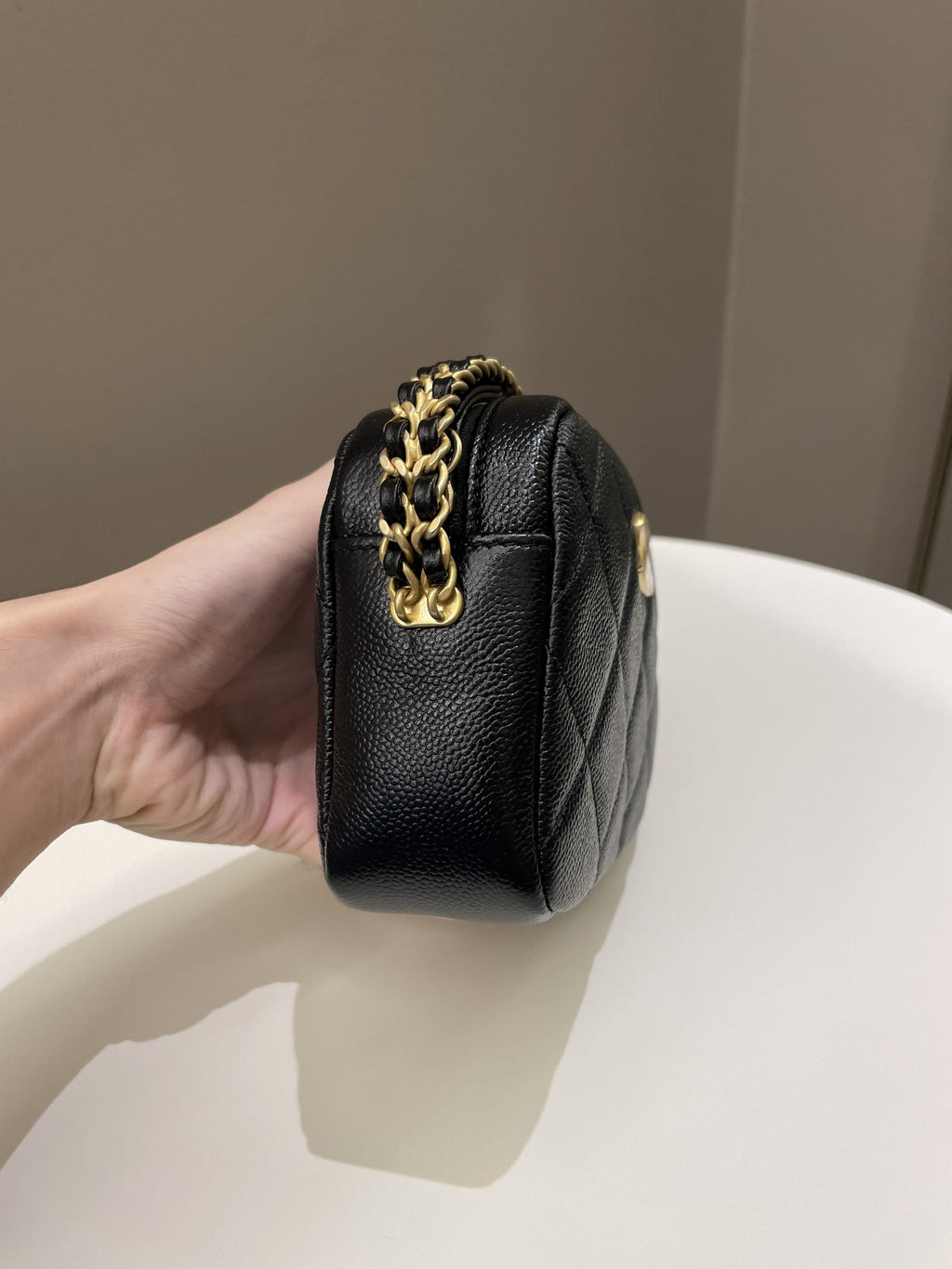 Chanel 22P Quilted Camera Sling Bag Black Caviar