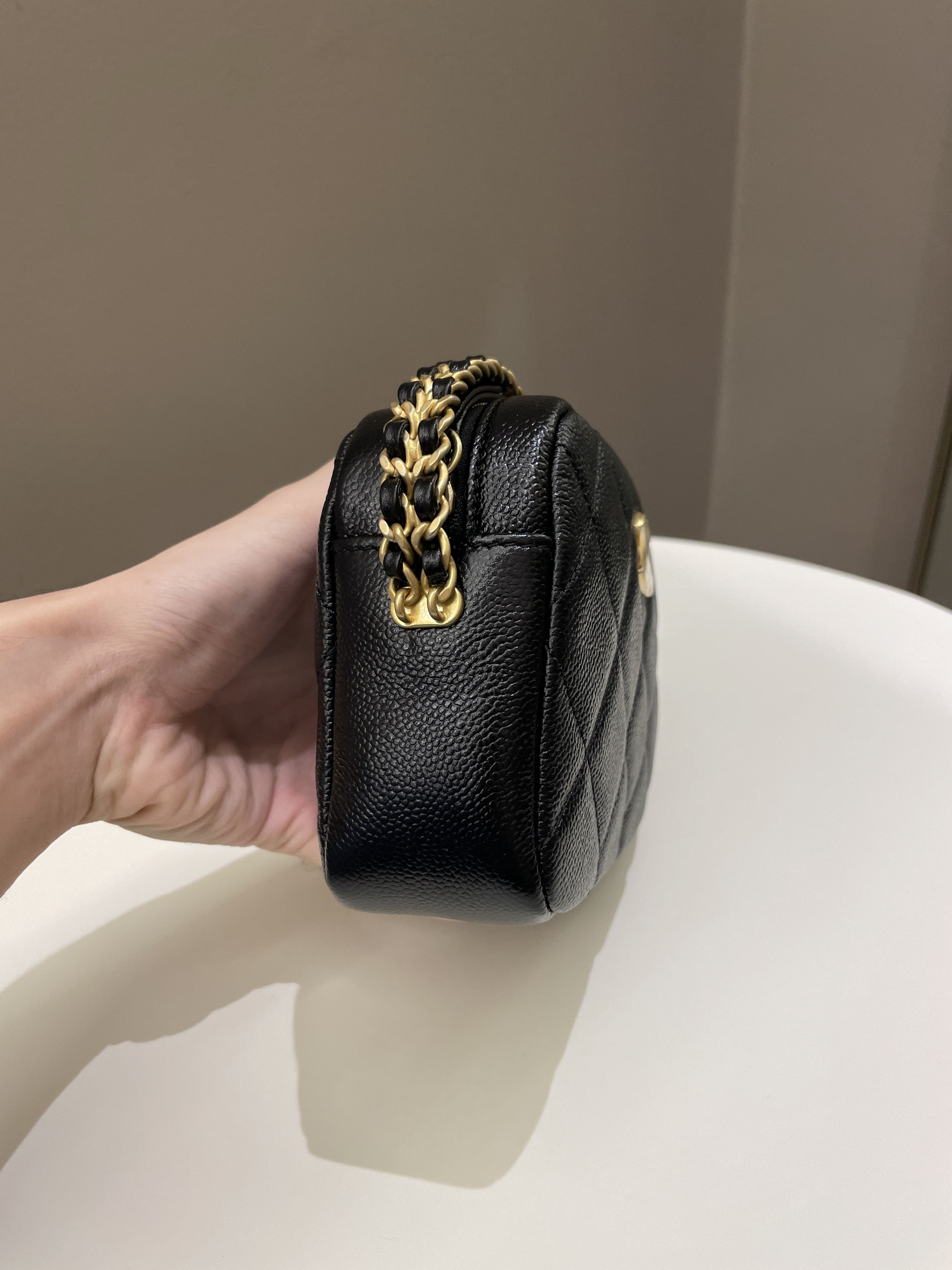 Chanel 22P Quilted Camera Sling Bag Black Caviar
