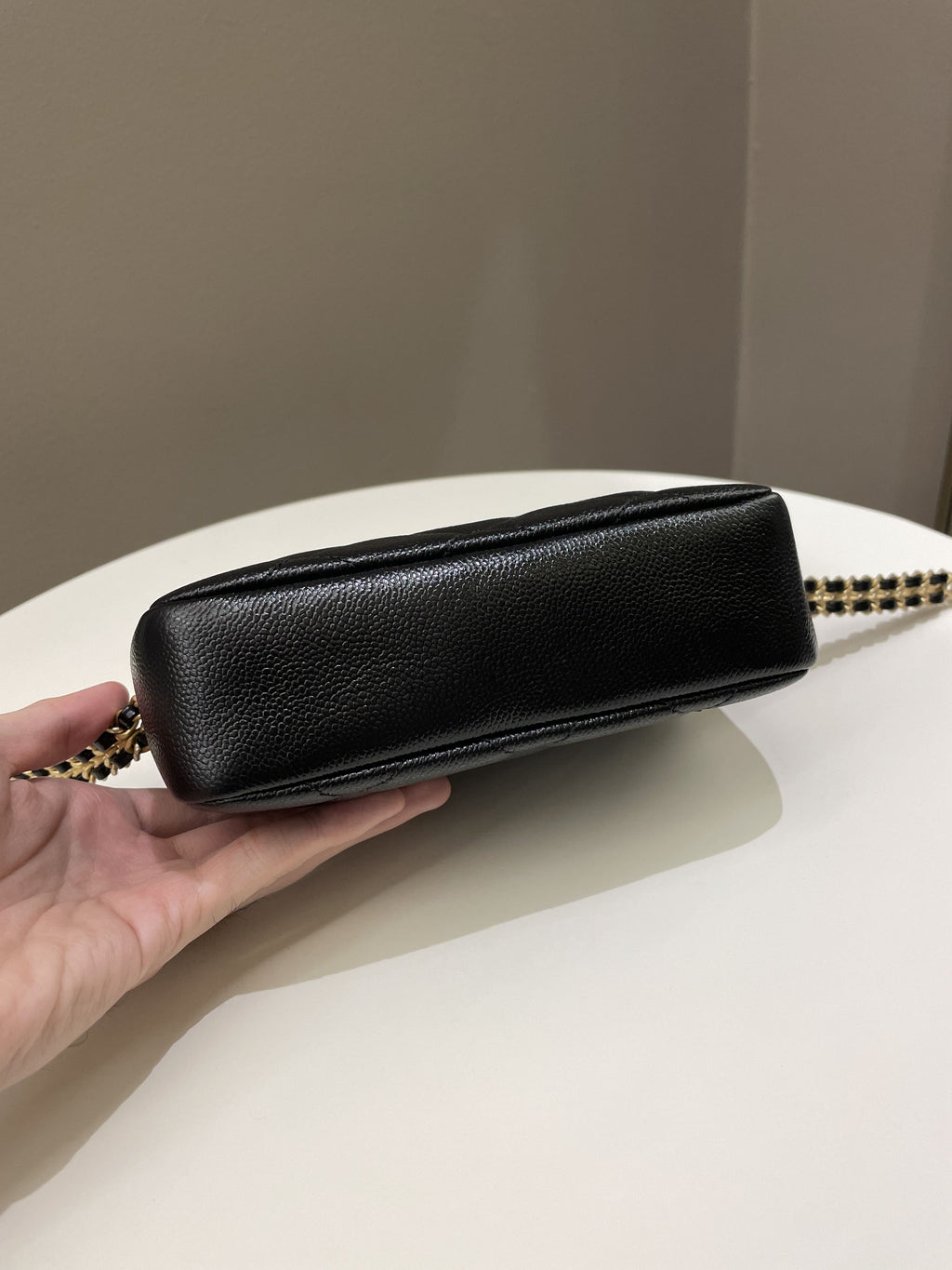 Chanel 22P Quilted Camera Sling Bag Black Caviar