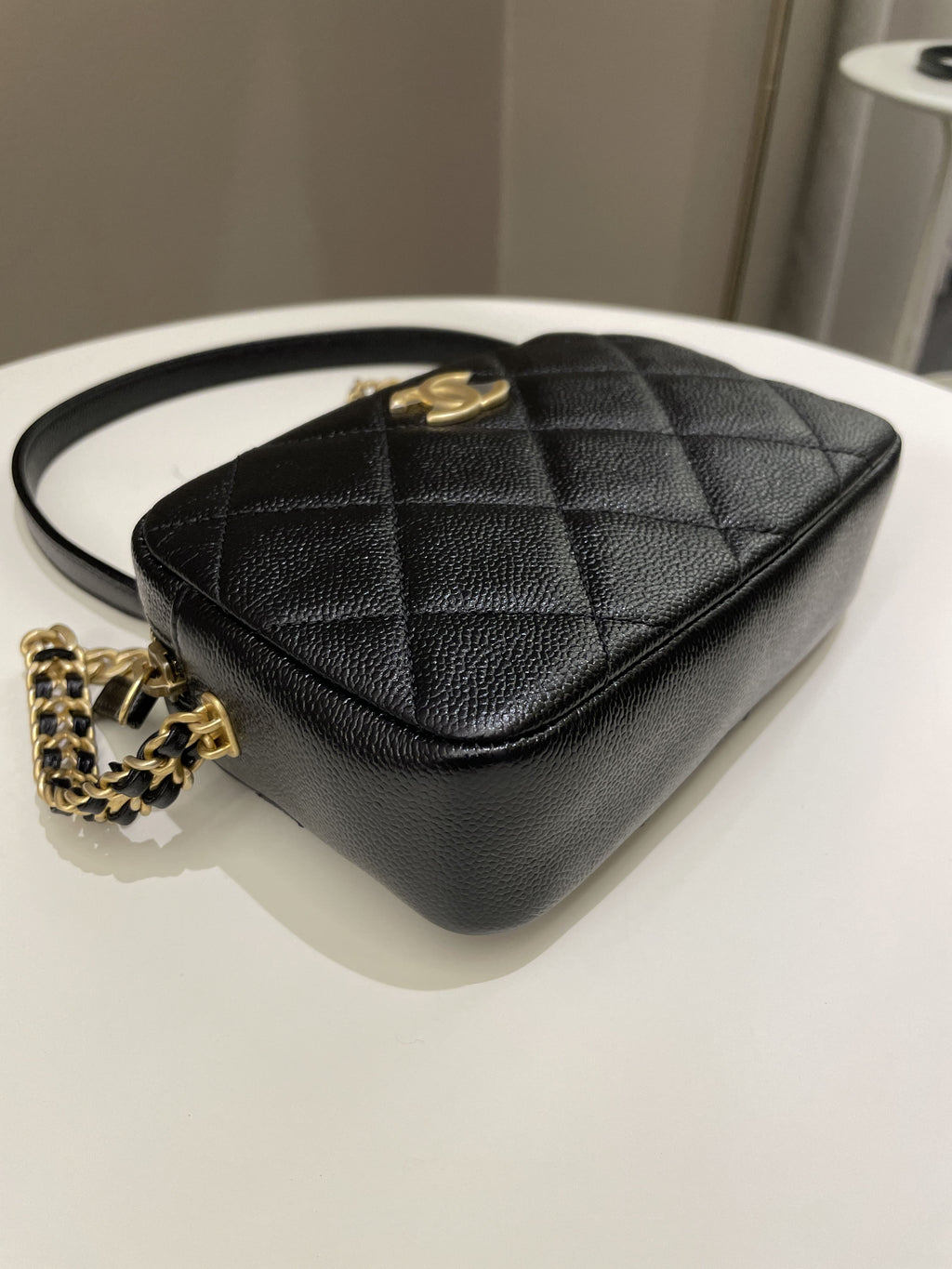 Chanel 22P Quilted Camera Sling Bag Black Caviar